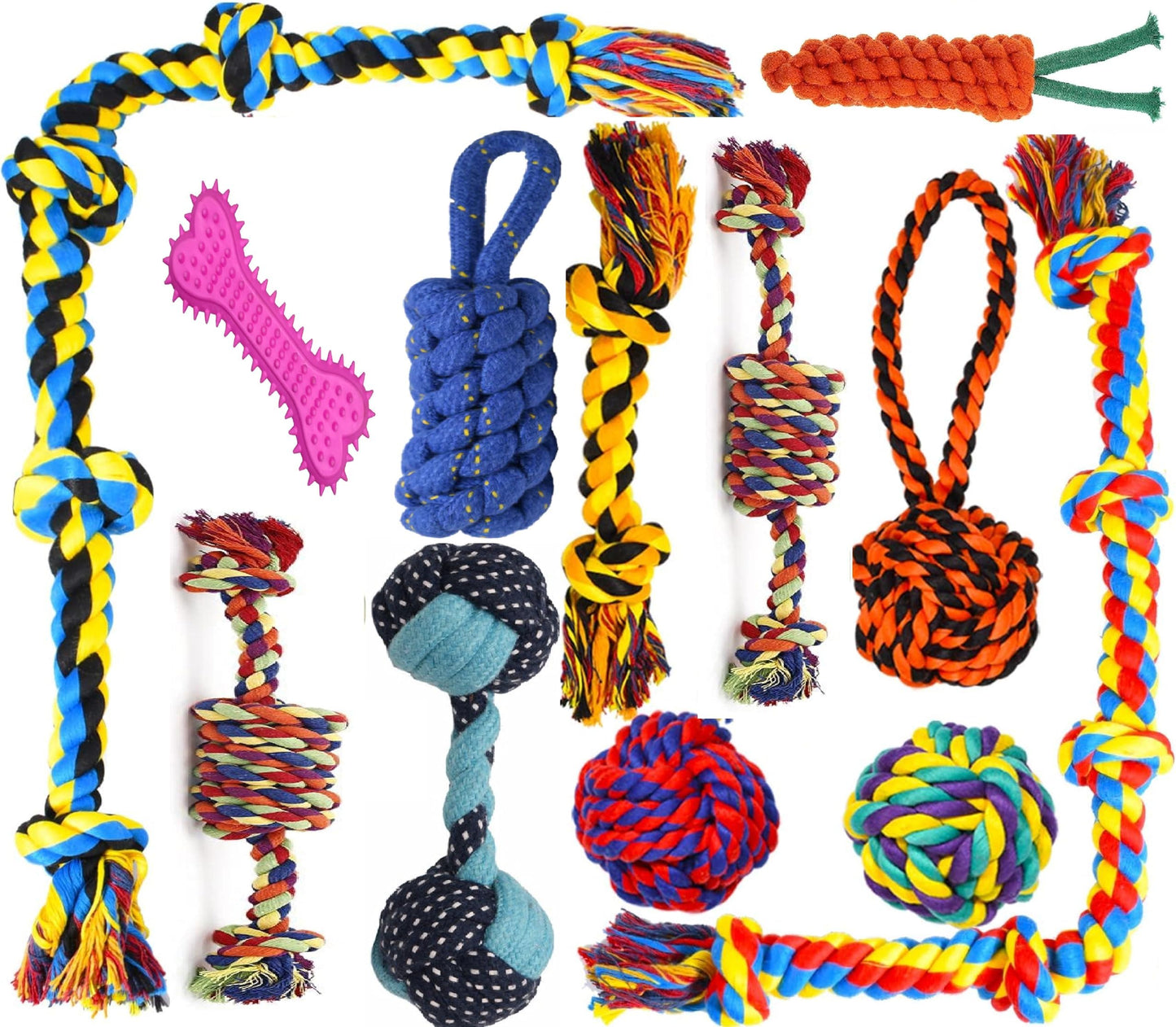 Dog and Puppy Toy Set - Chew, Teething, Rope, and Tug Toys for Small to Medium Dogs - Washable Cotton Pack of 12