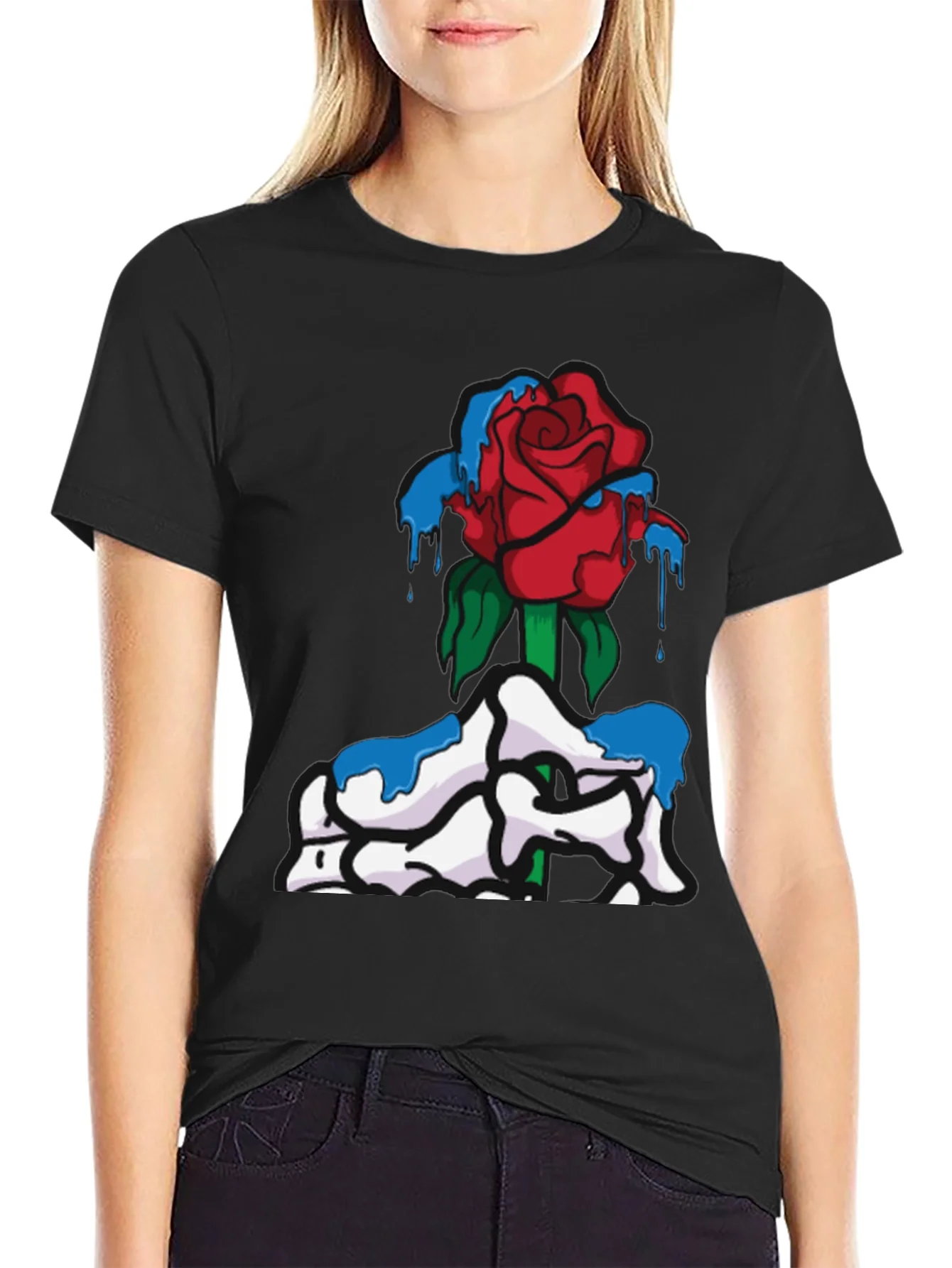 Rose & Dripping Paint Graphic Tee - Black