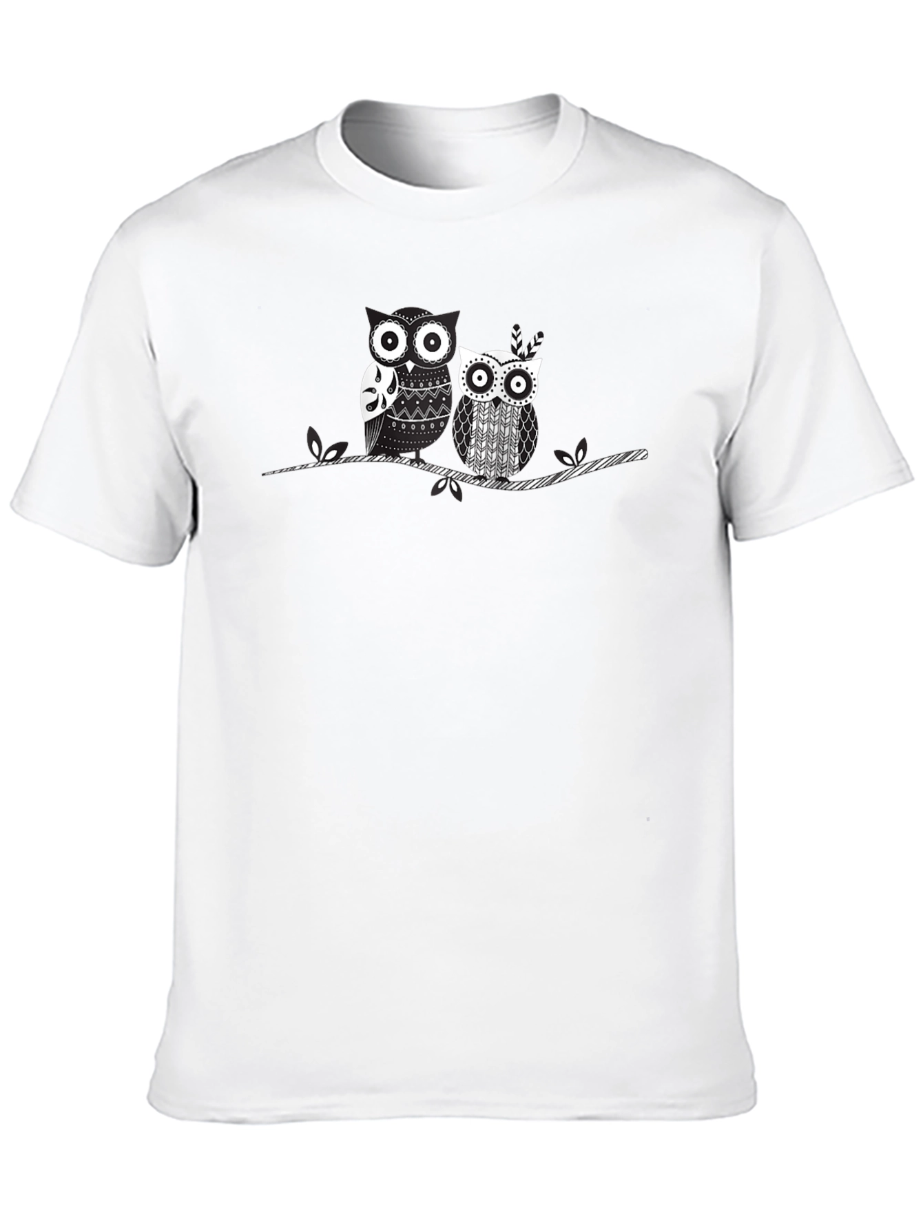 Whimsical Owl Couple Graphic T-Shirt - Black