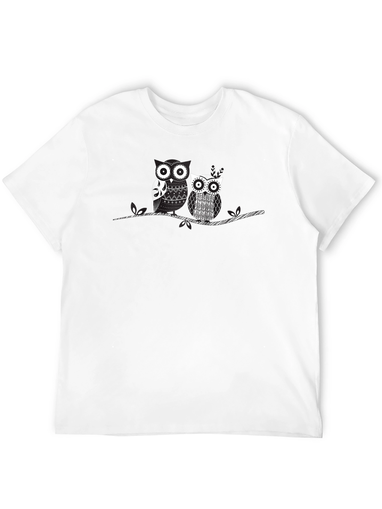 Whimsical Owl Couple Graphic T-Shirt - Black