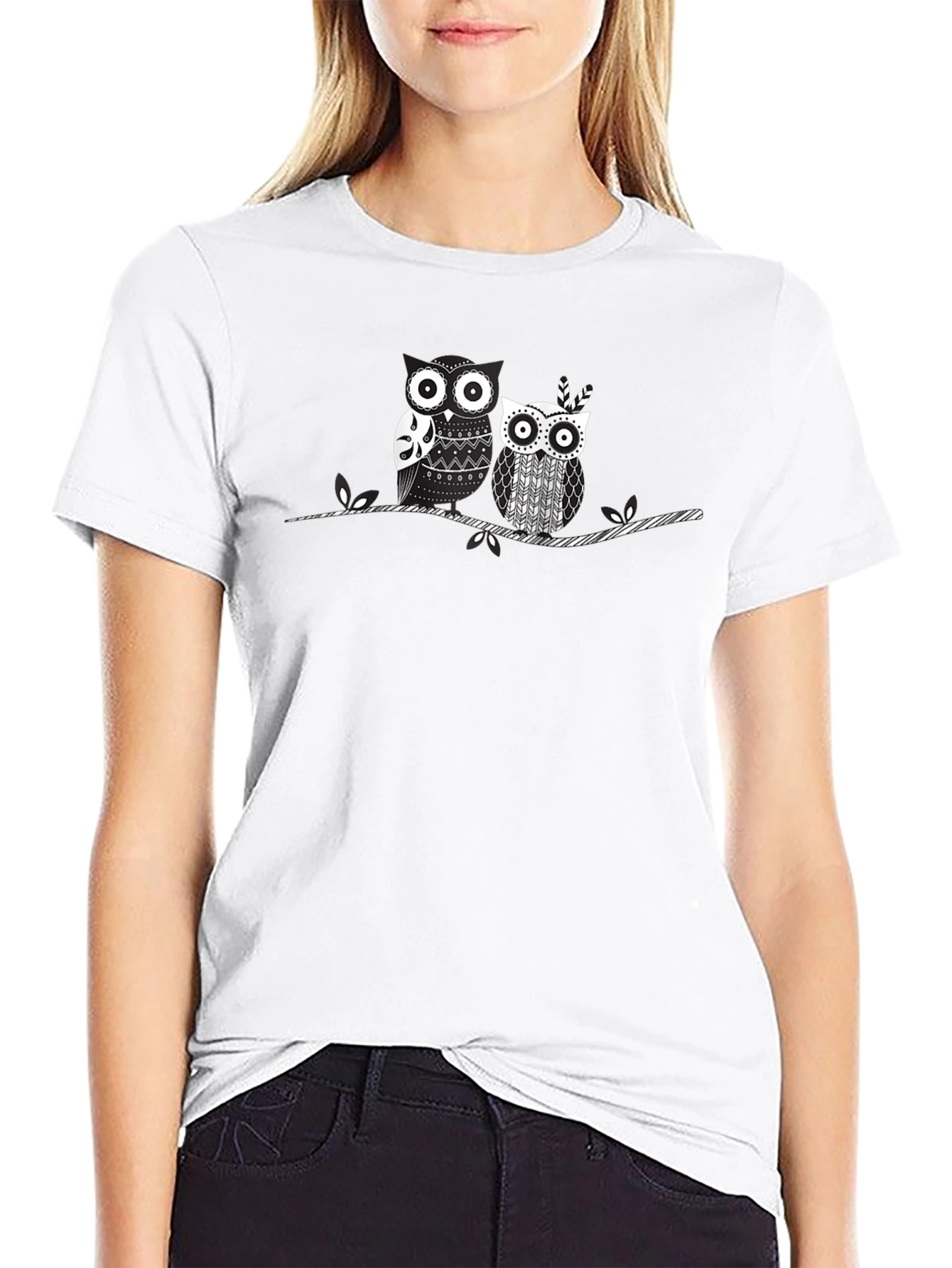 Whimsical Owl Couple Graphic T-Shirt - Black