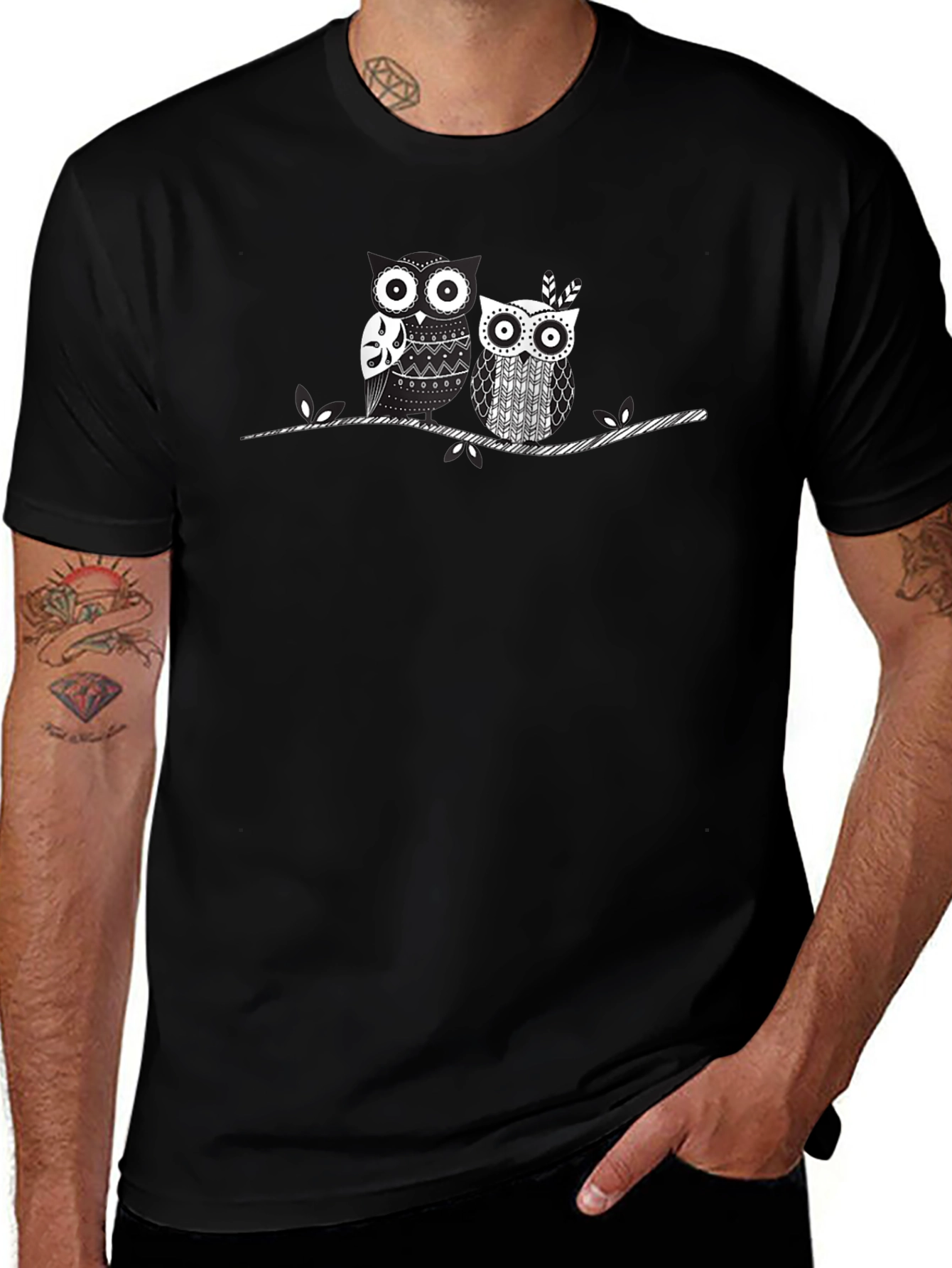 Whimsical Owl Couple Graphic T-Shirt - Black