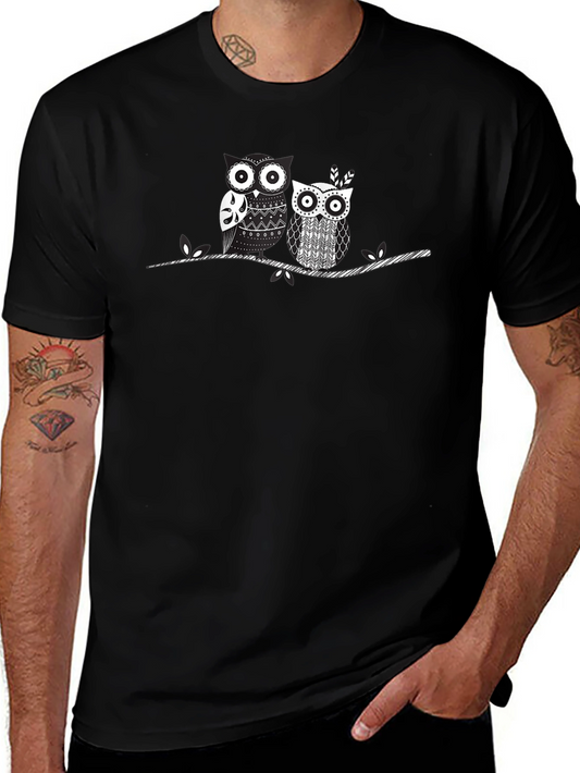 Whimsical Owl Couple Graphic T-Shirt - Black