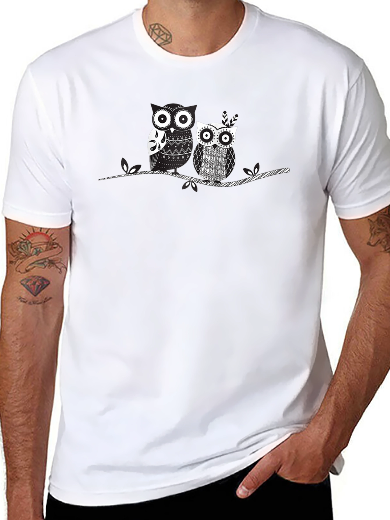 Whimsical Owl Couple Graphic T-Shirt - Black