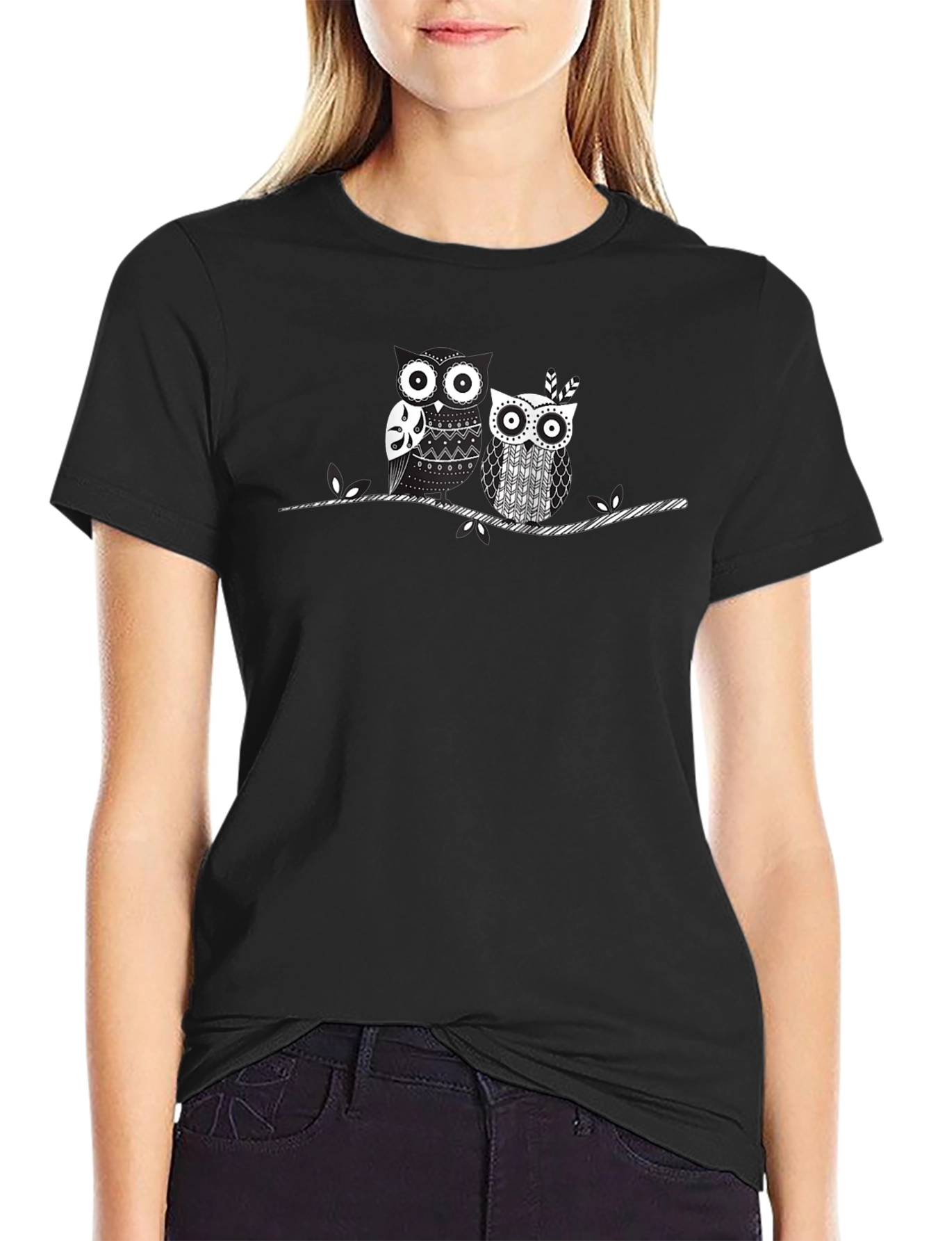 Whimsical Owl Couple Graphic T-Shirt - Black