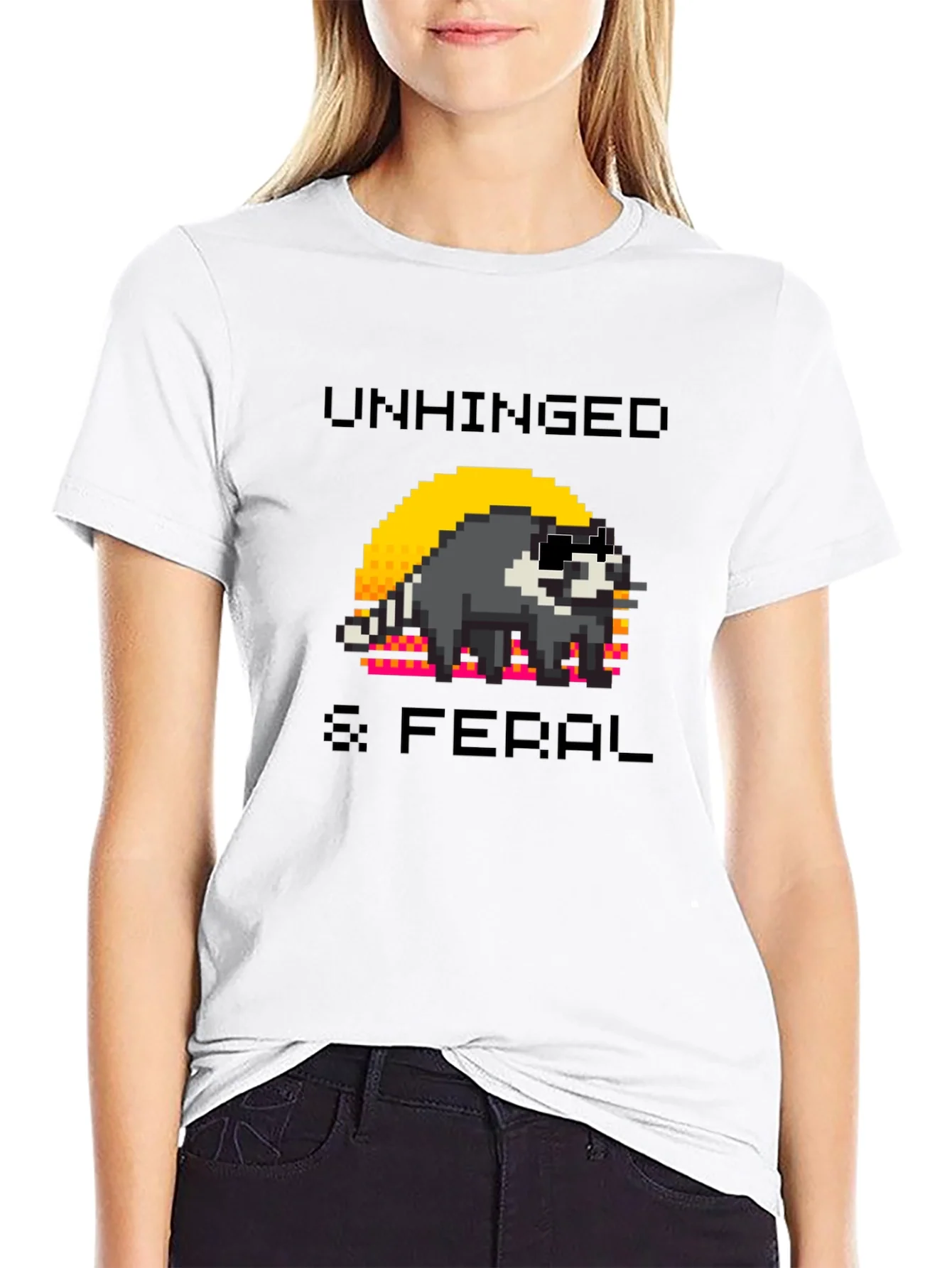 Unhinged & Feral Raccoon Pixel Art Graphic T-Shirt