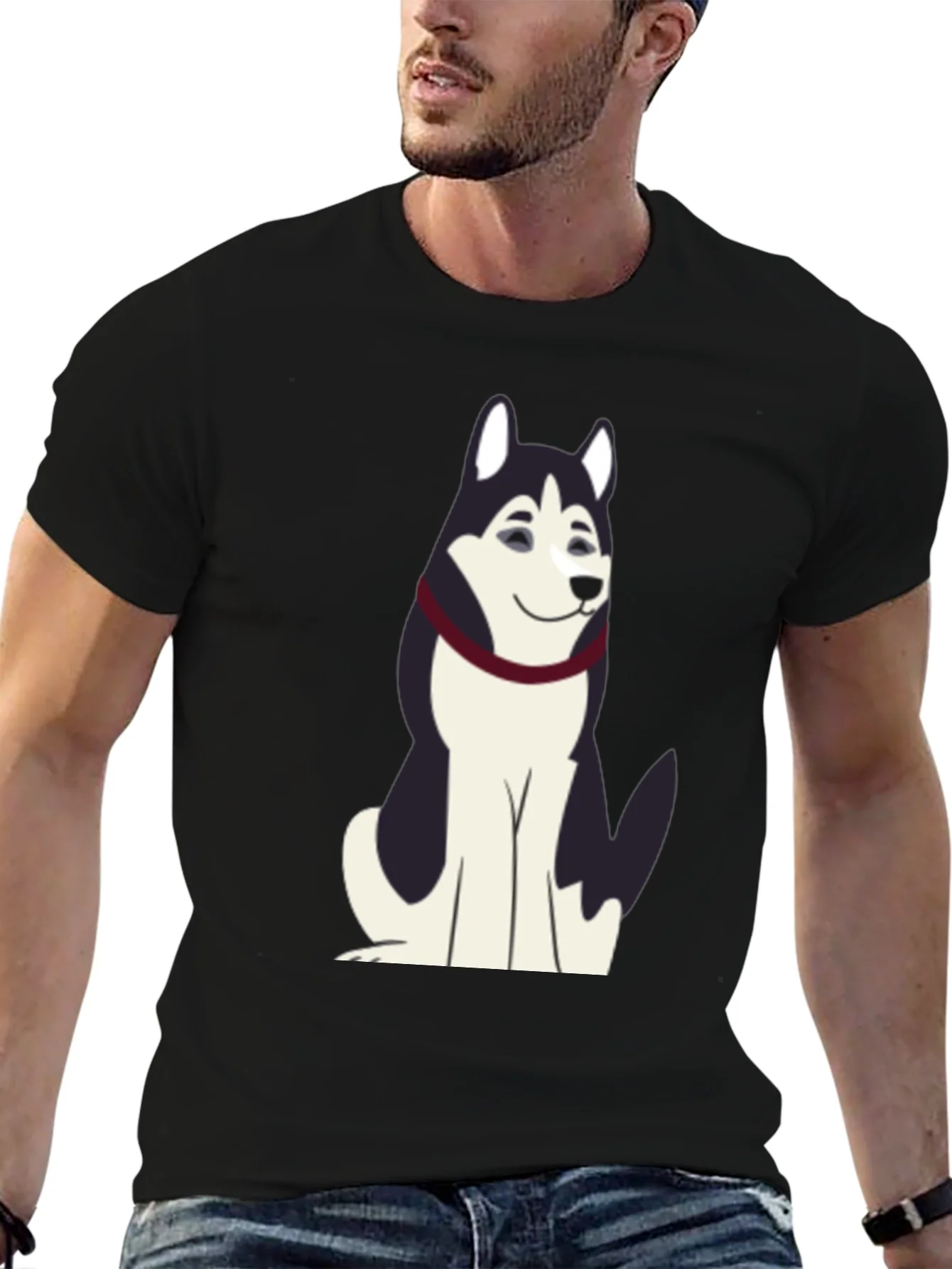 Husky Cartoon Graphic T-Shirt - Black Cotton Tee