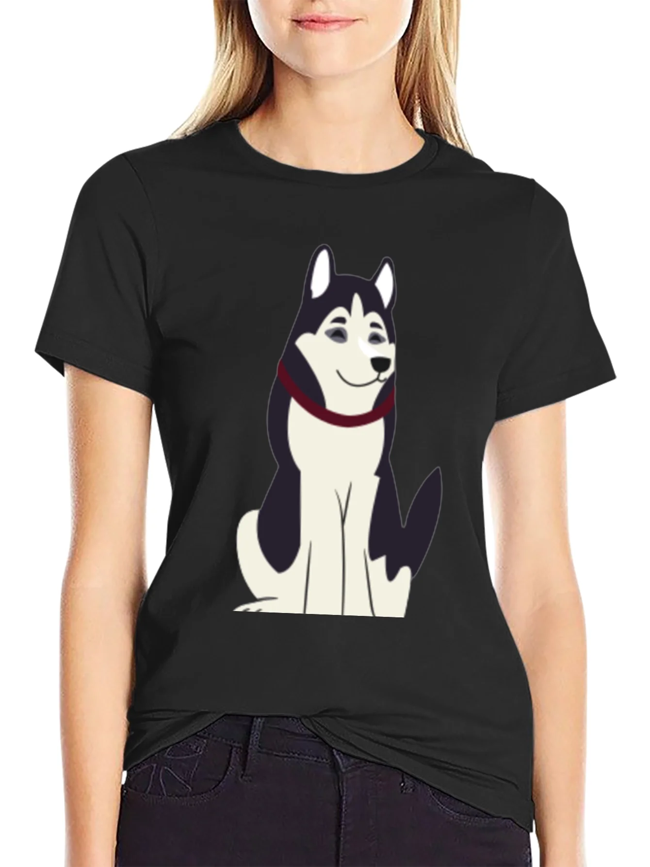 Husky Cartoon Graphic T-Shirt - Black Cotton Tee