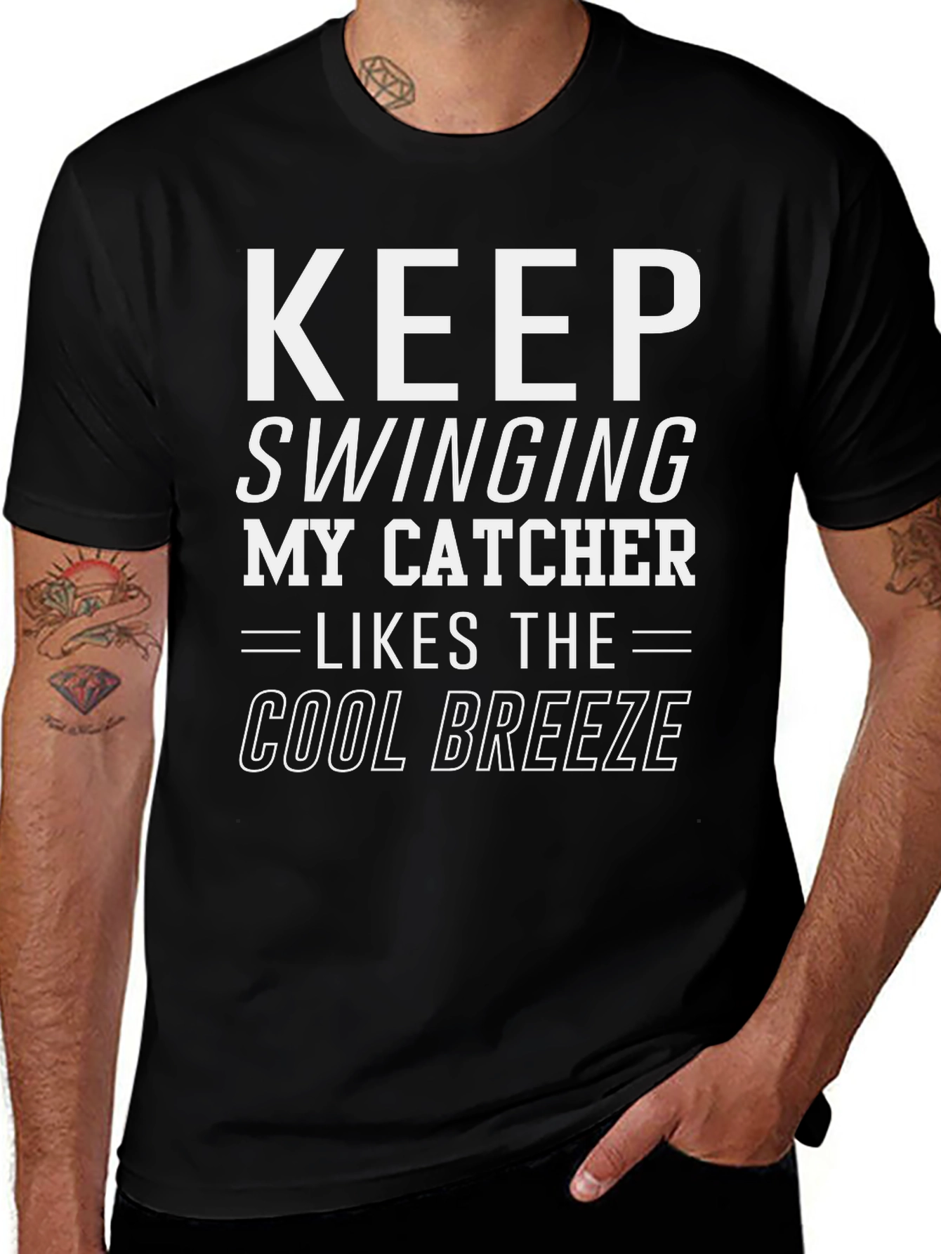 Keep Swinging My Catcher Likes Cool Breeze Black T-Shirt