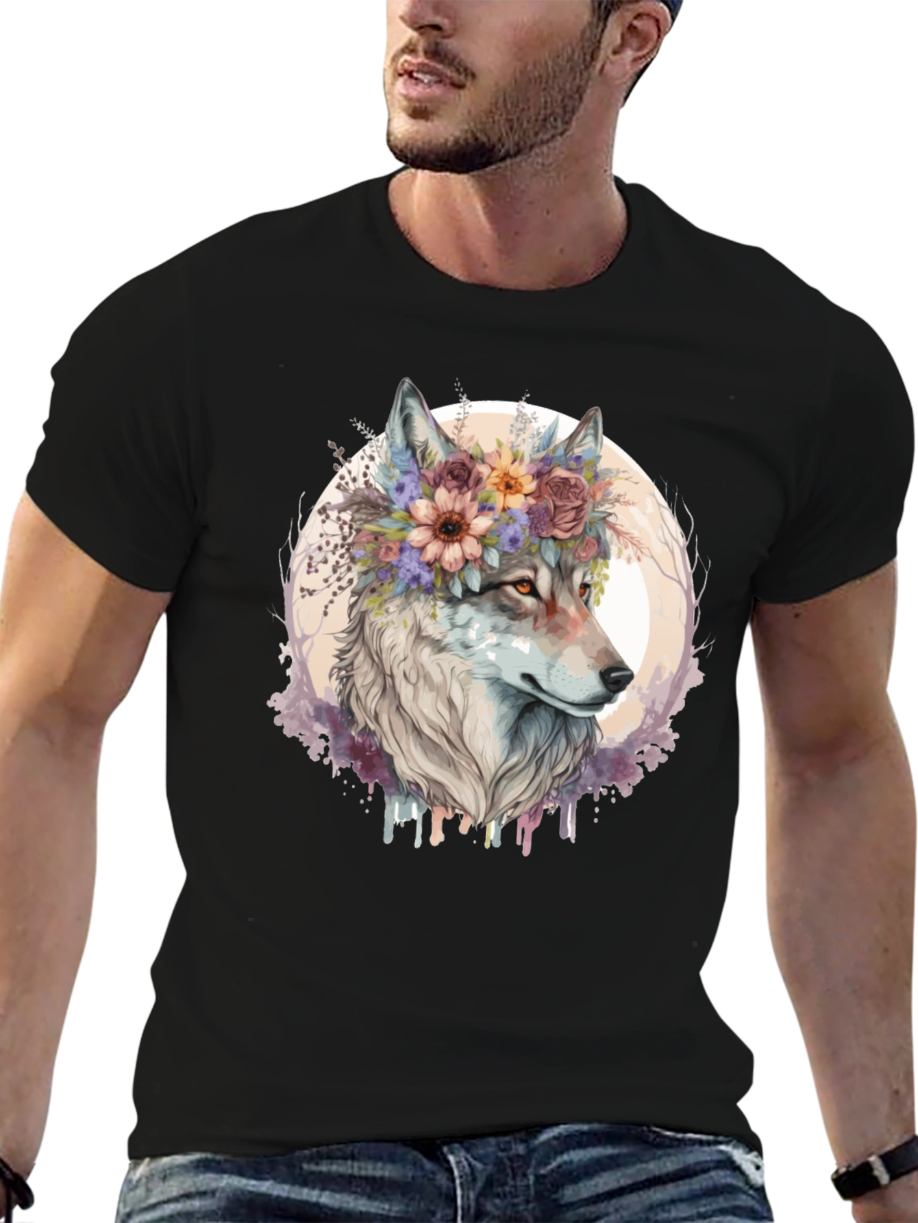 Wolf Flower Crown Graphic Tee - Unisex Black T-Shirt