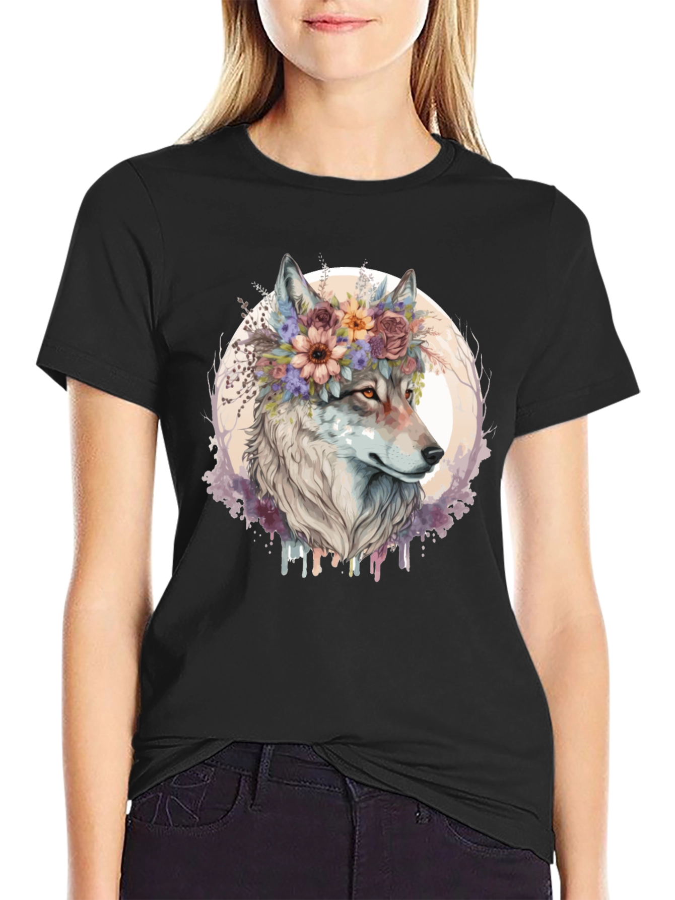 Wolf Flower Crown Graphic Tee - Unisex Black T-Shirt