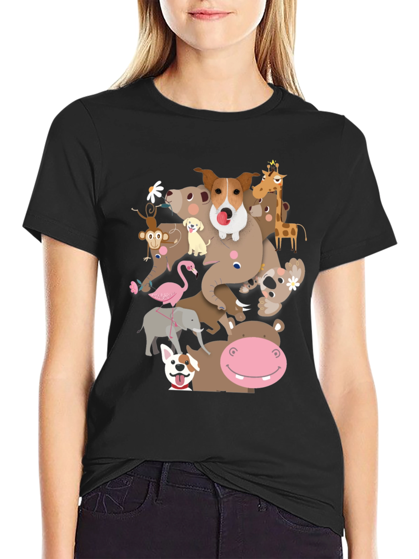 Animal Friends Stack Black Graphic T-Shirt