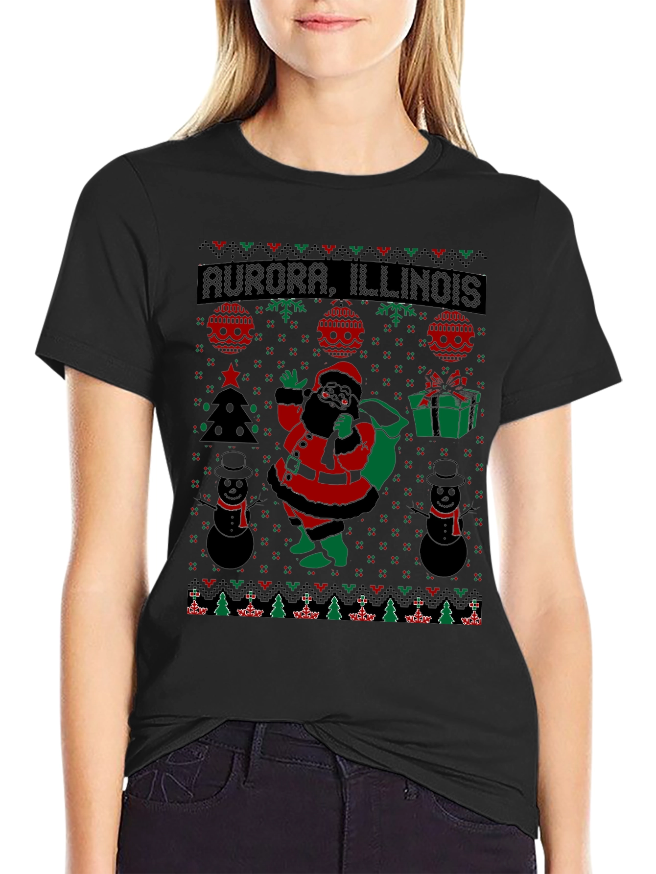 Aurora Illinois Black Santa Christmas T-Shirt