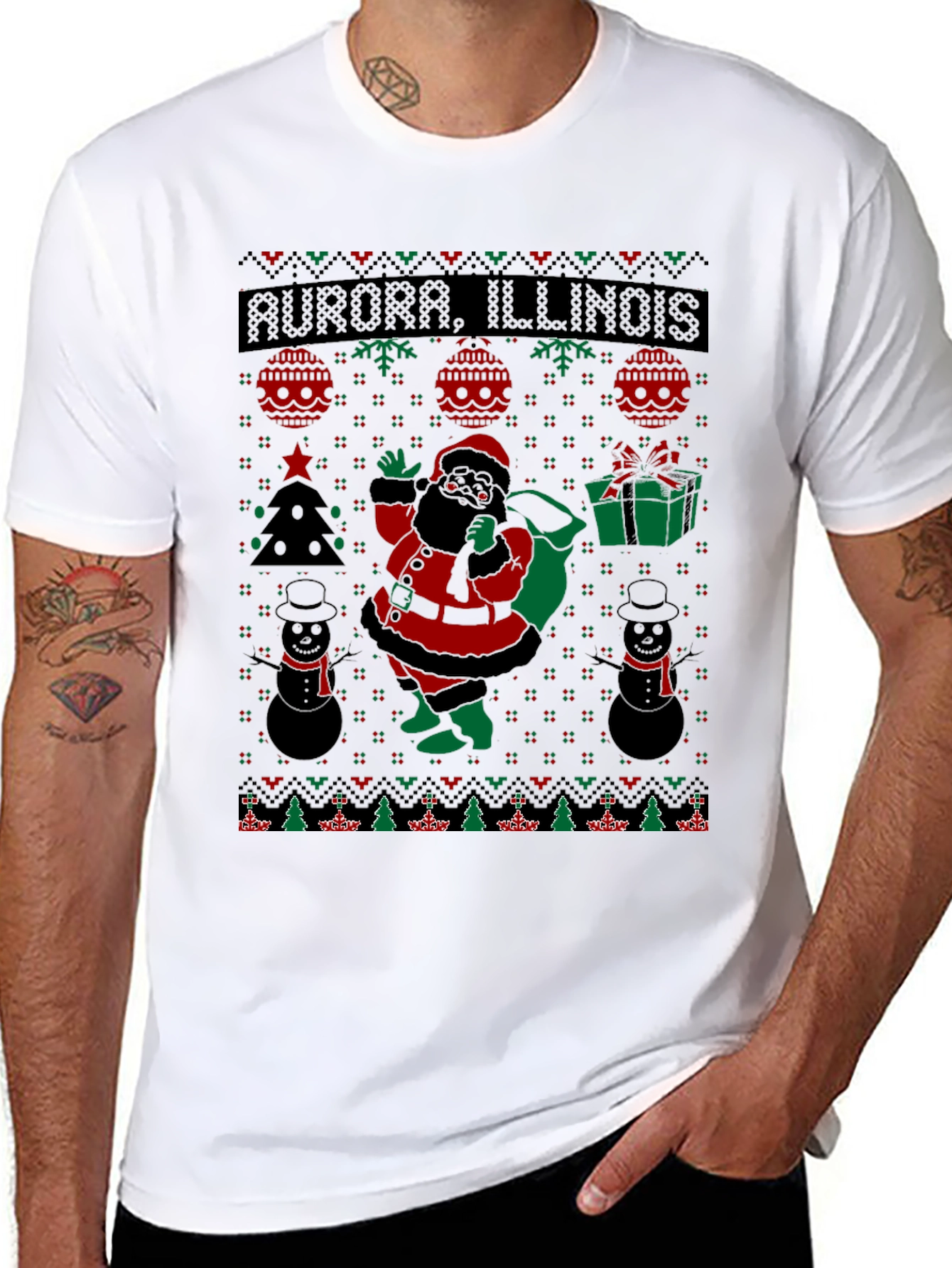 Aurora Illinois Black Santa Christmas T-Shirt