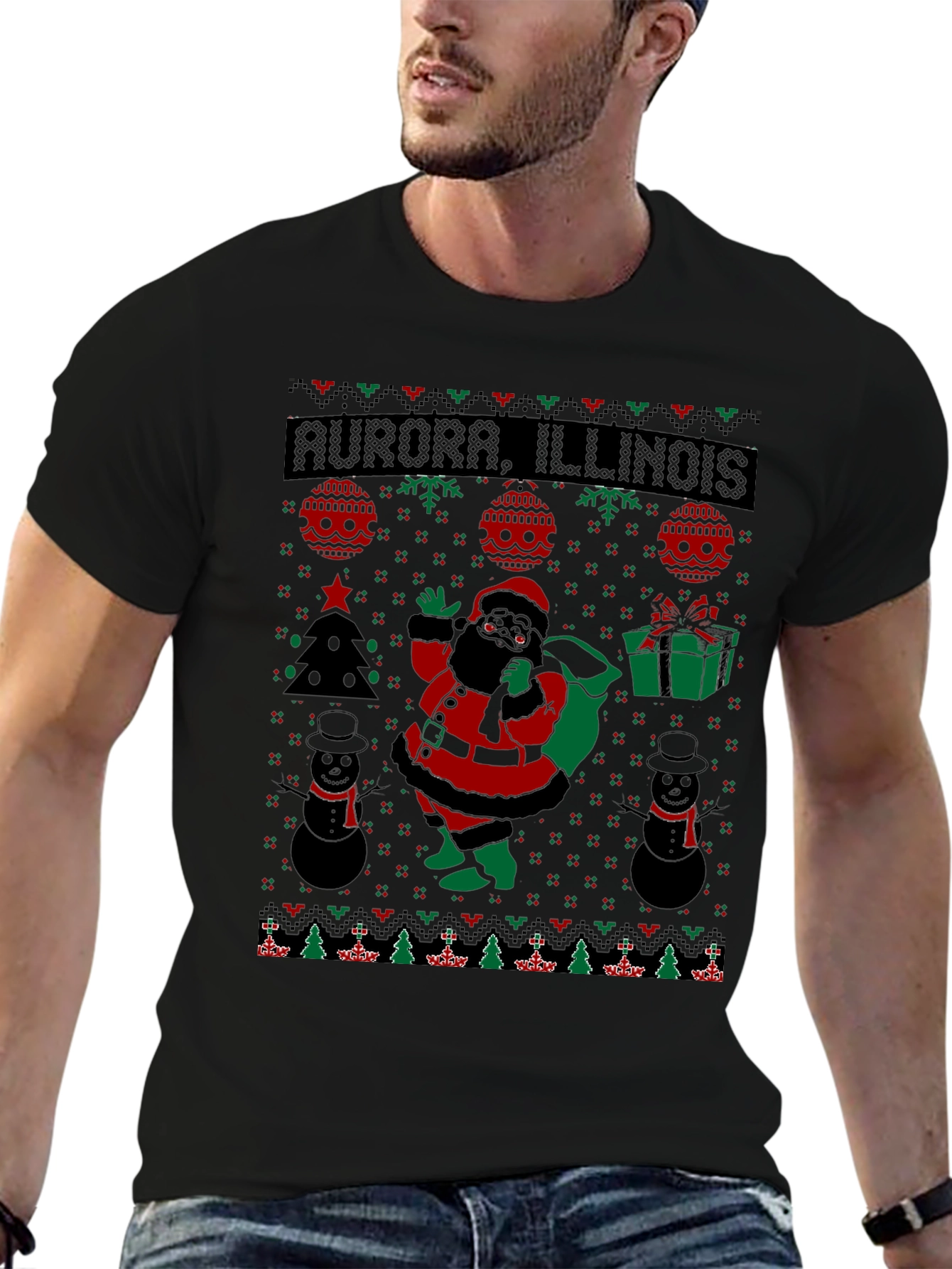 Aurora Illinois Black Santa Christmas T-Shirt