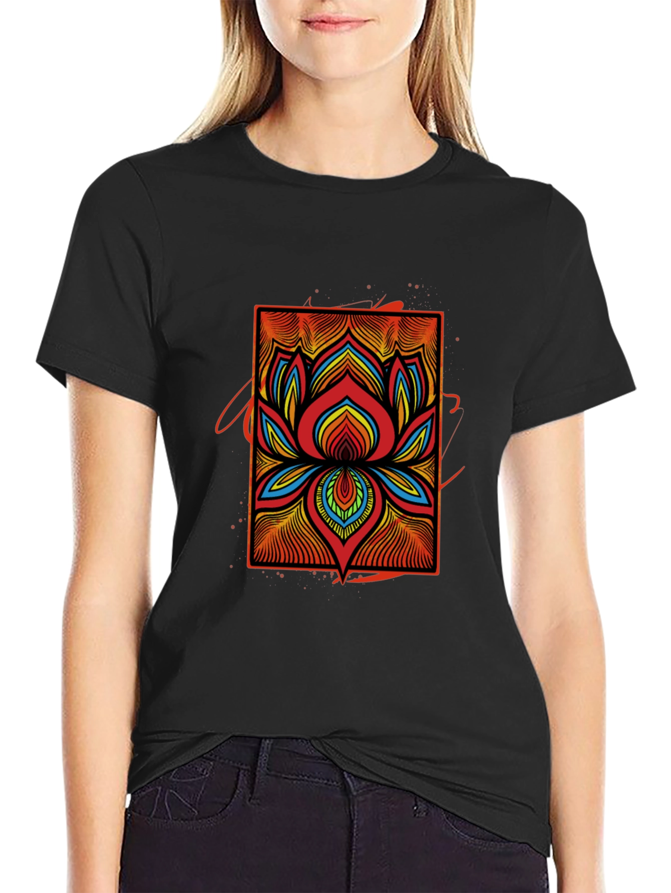 Vibrant Lotus Flower Graphic Tee - Black
