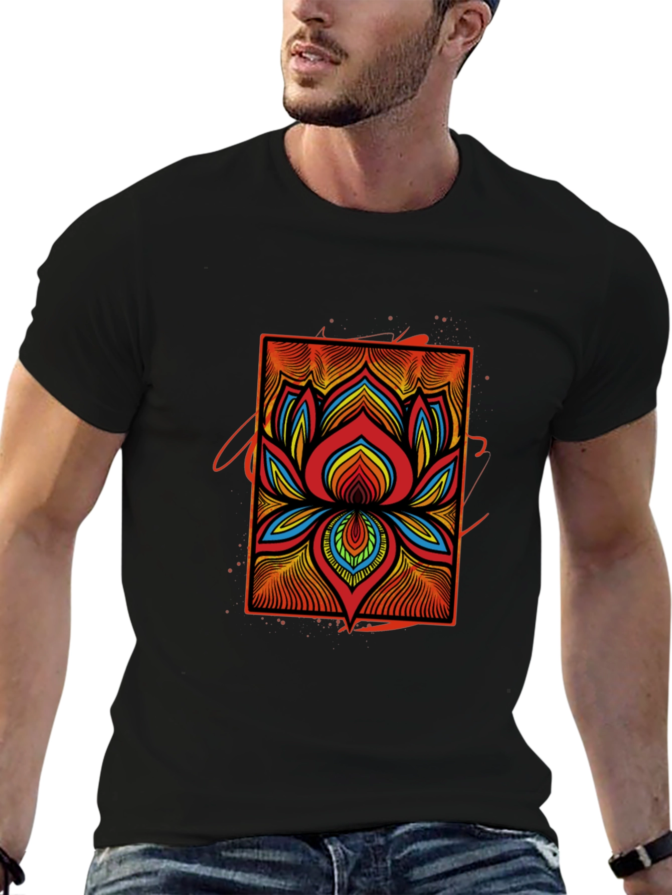 Vibrant Lotus Flower Graphic Tee - Black