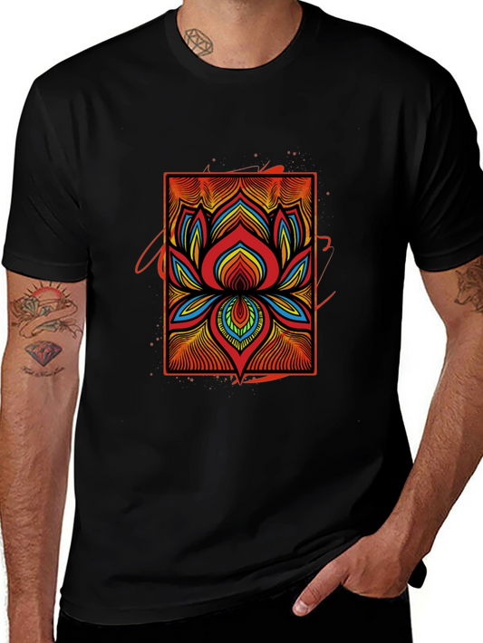 Vibrant Lotus Flower Graphic Tee - Black