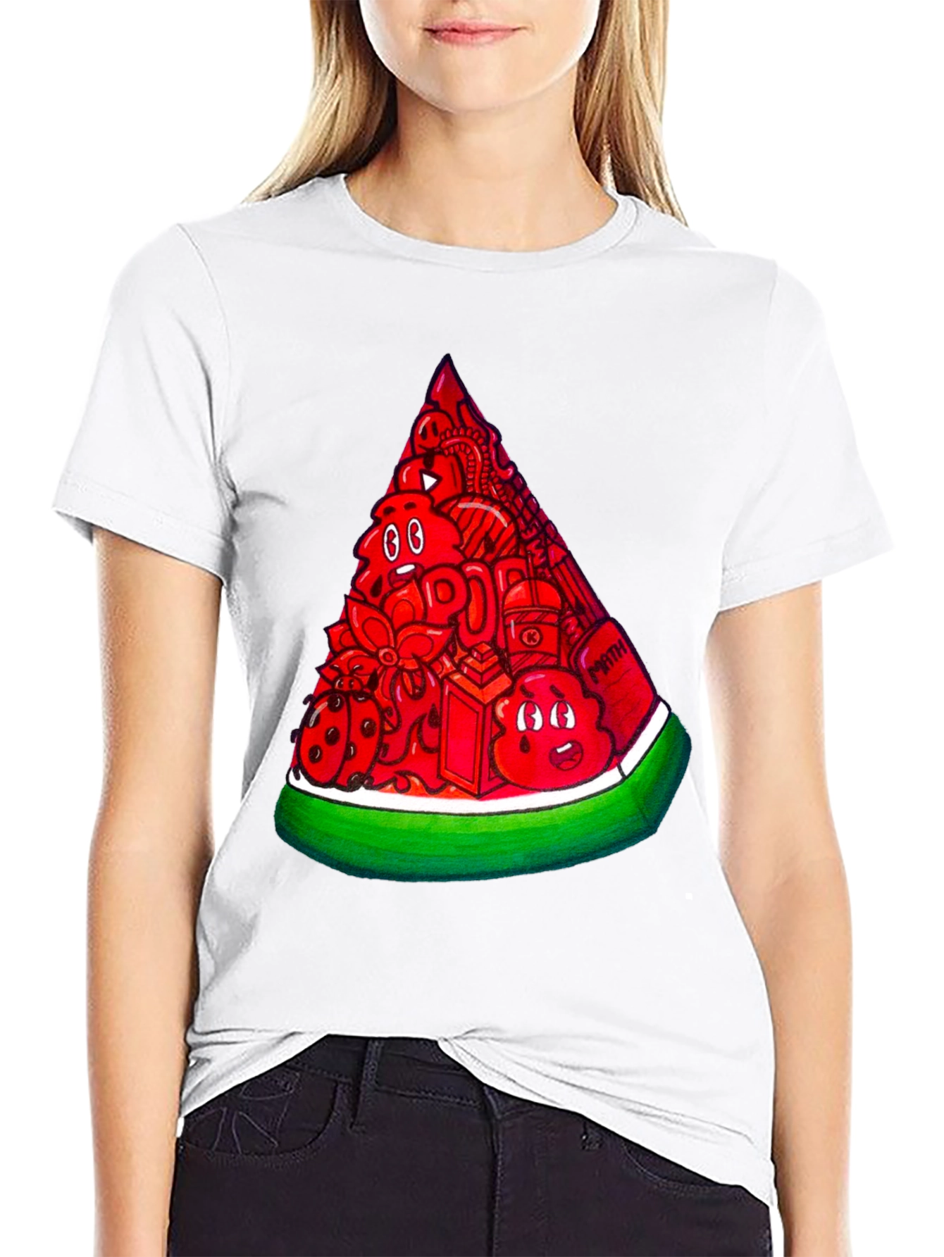 Mens Black Tee with Watermelon Doodle Design