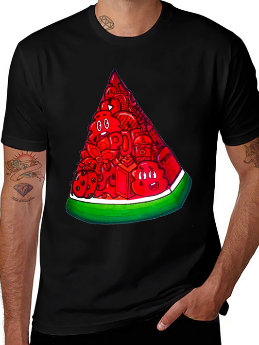 Mens Black Tee with Watermelon Doodle Design