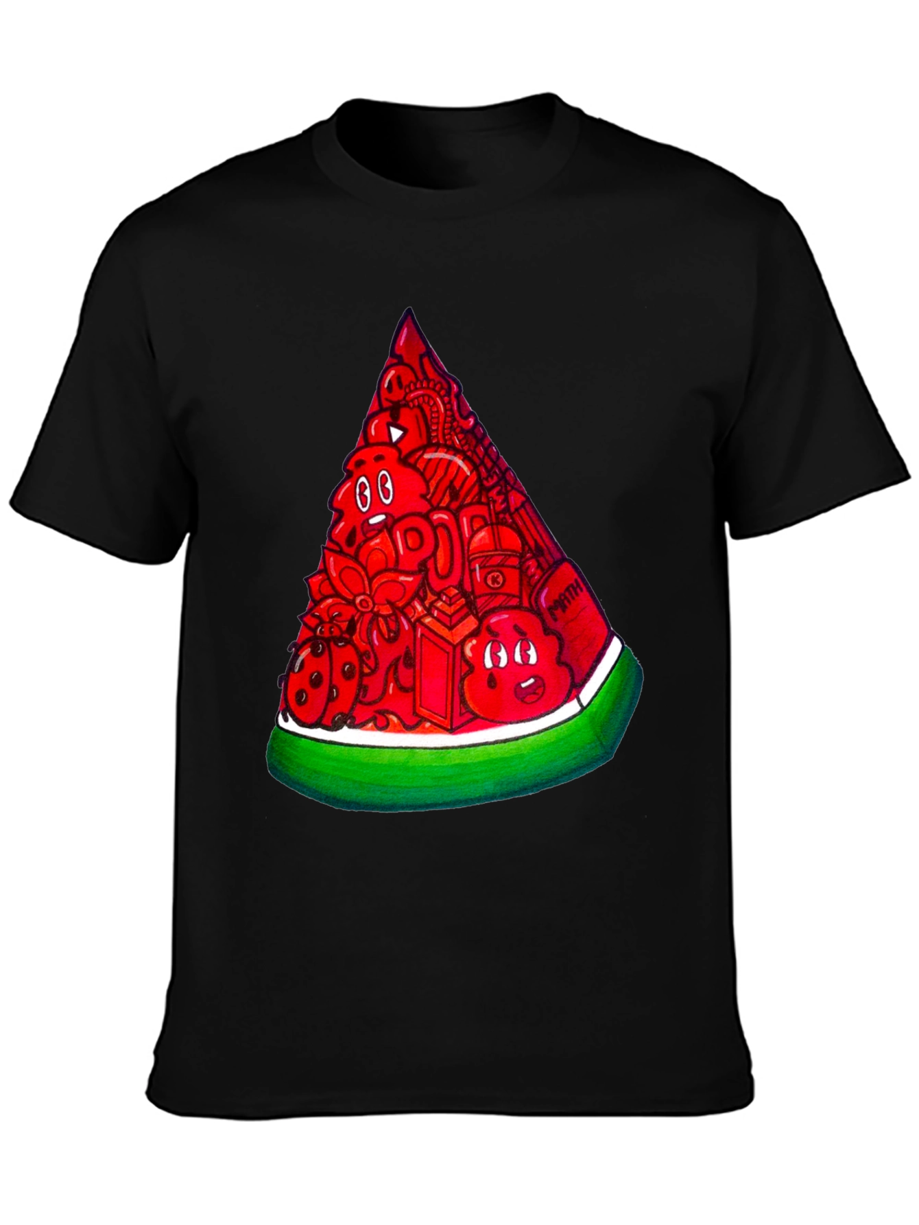 Mens Black Tee with Watermelon Doodle Design