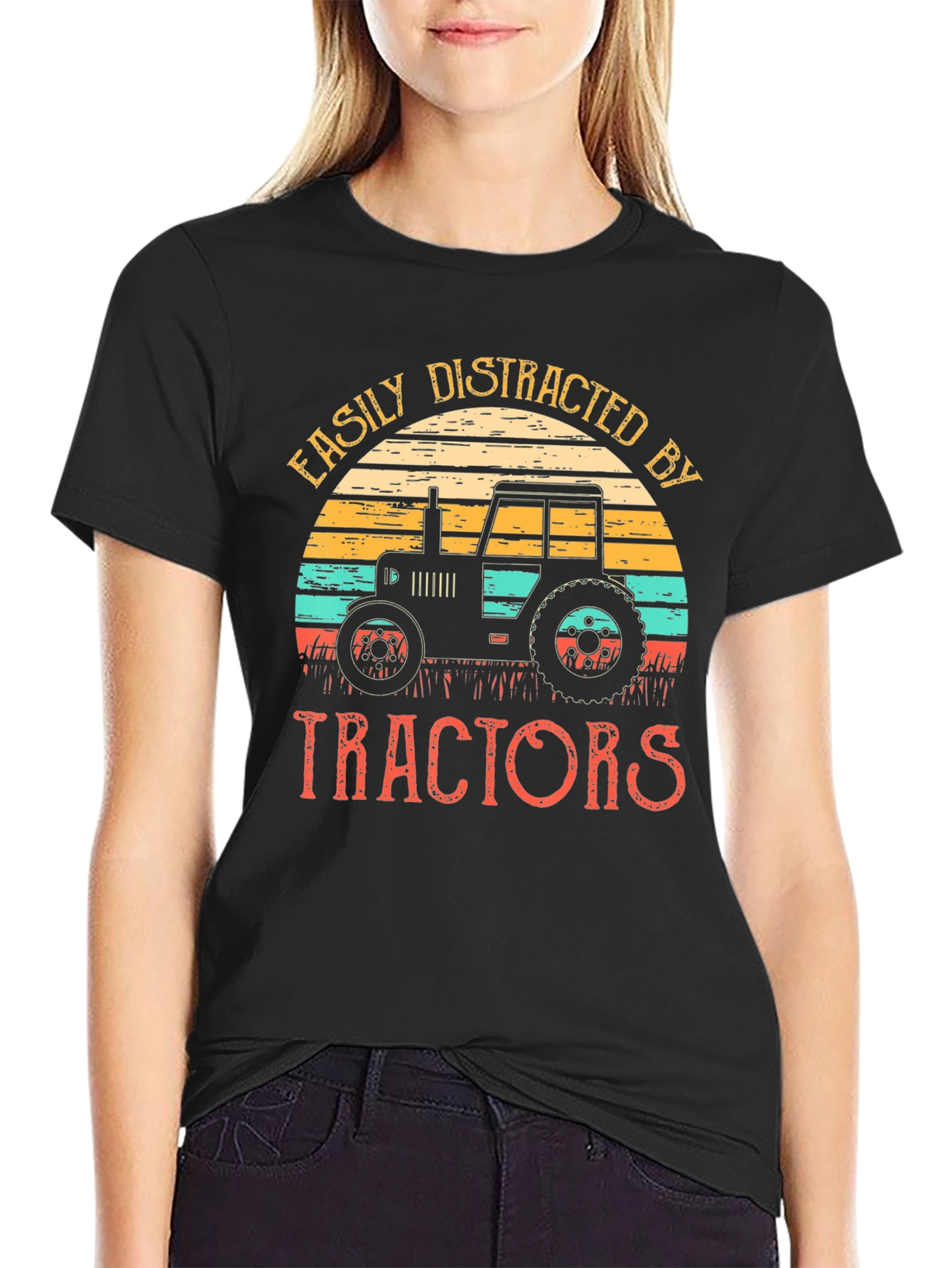 Easily Distracted By Tractors Black T-Shirt