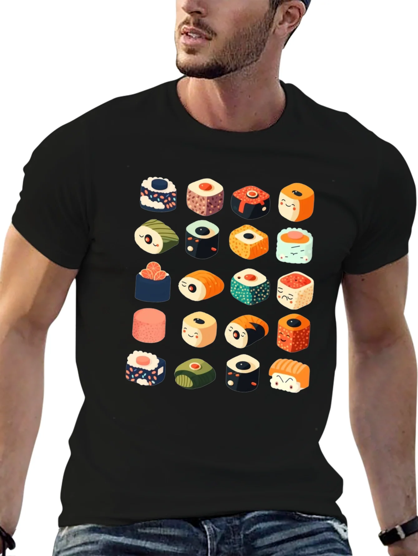 Sushi Pattern Black T-Shirt