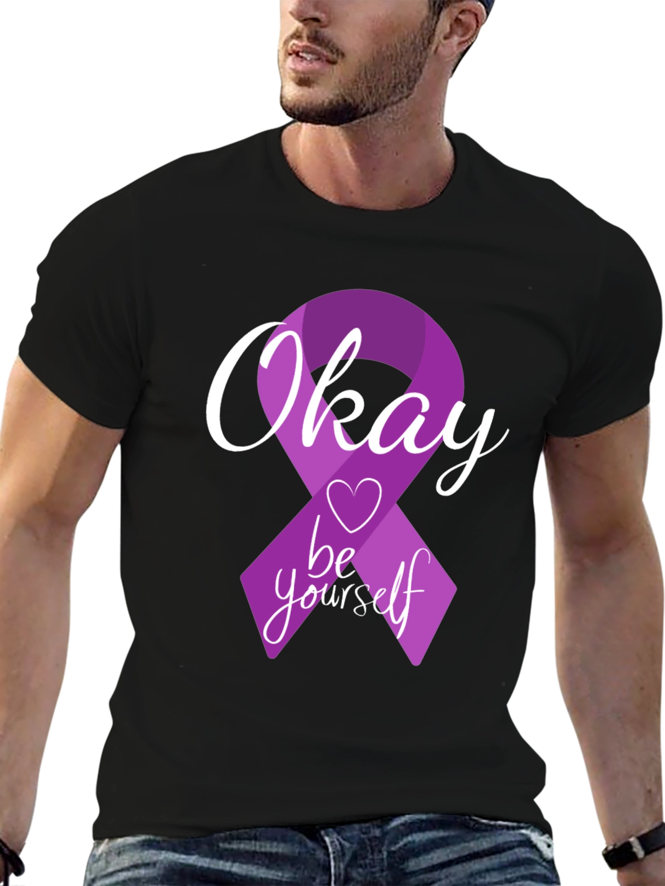 Okay Be Yourself Purple Ribbon Graphic T-Shirt