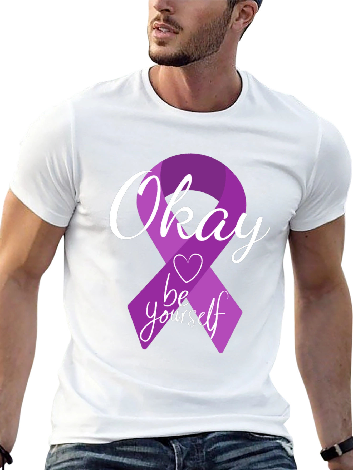 Okay Be Yourself Purple Ribbon Graphic T-Shirt