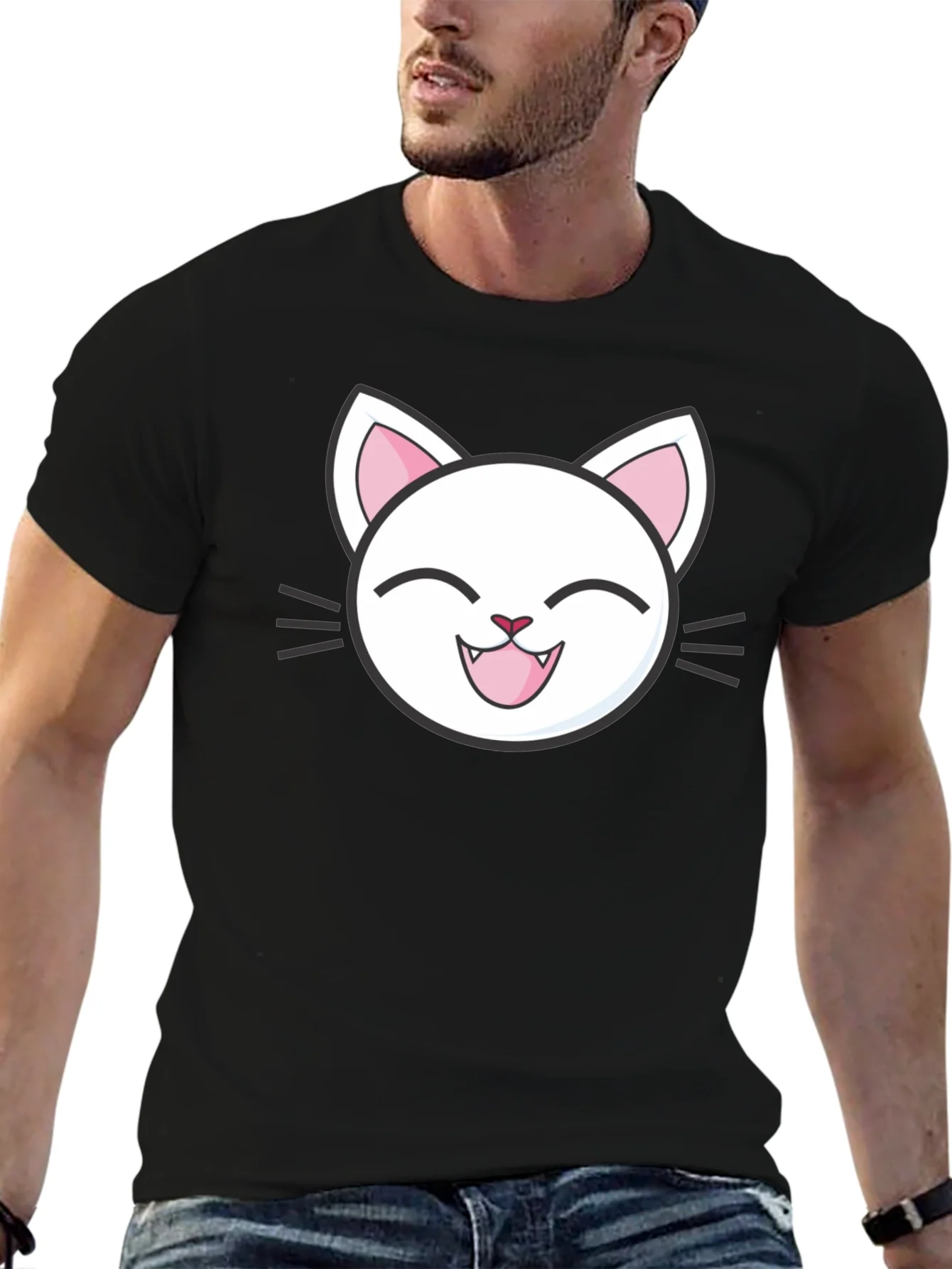 Cute Cartoon Cat Graphic T-Shirt - Black