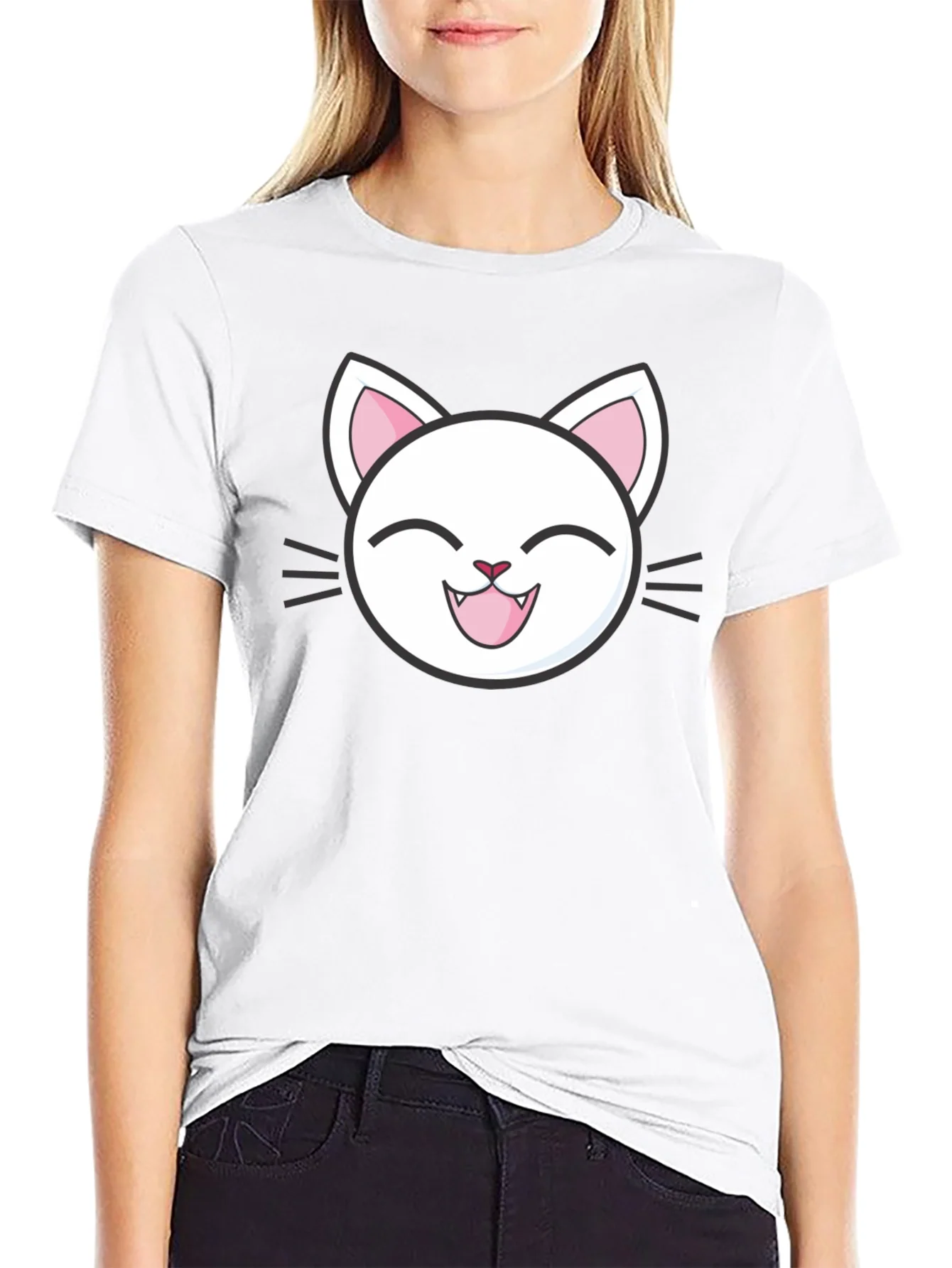 Cute Cartoon Cat Graphic T-Shirt - Black