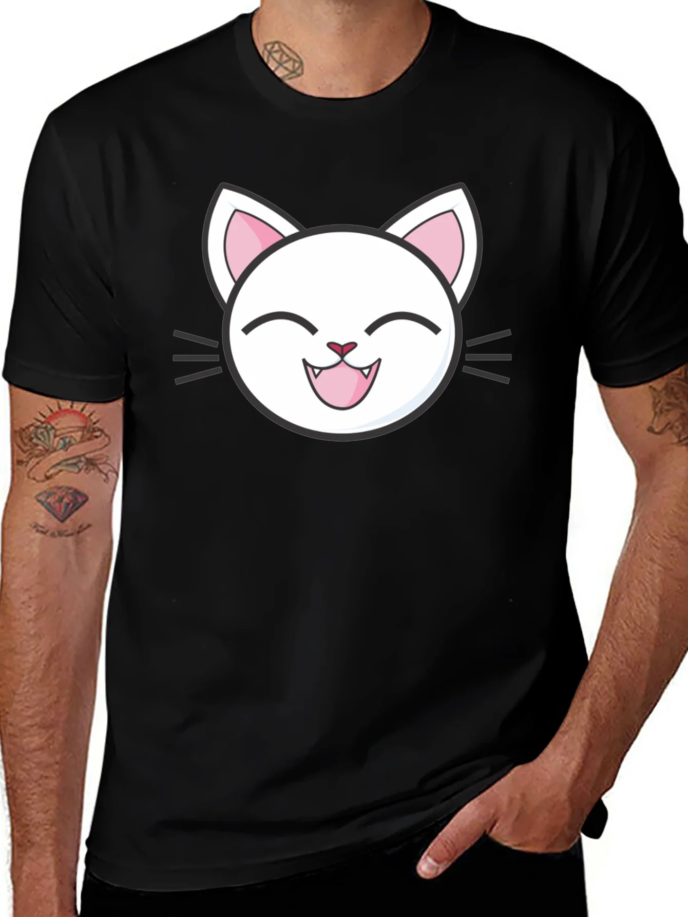Cute Cartoon Cat Graphic T-Shirt - Black