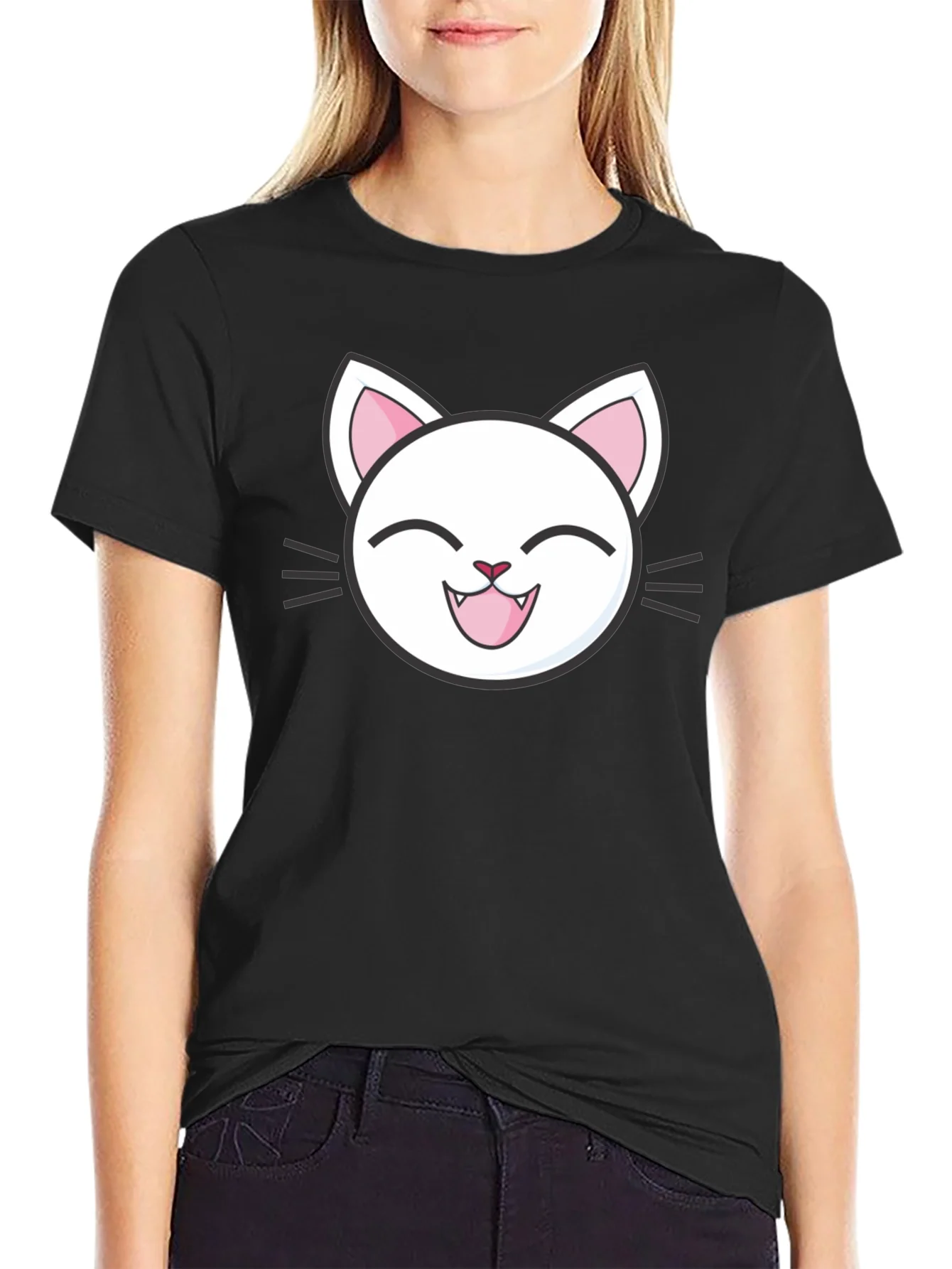 Cute Cartoon Cat Graphic T-Shirt - Black