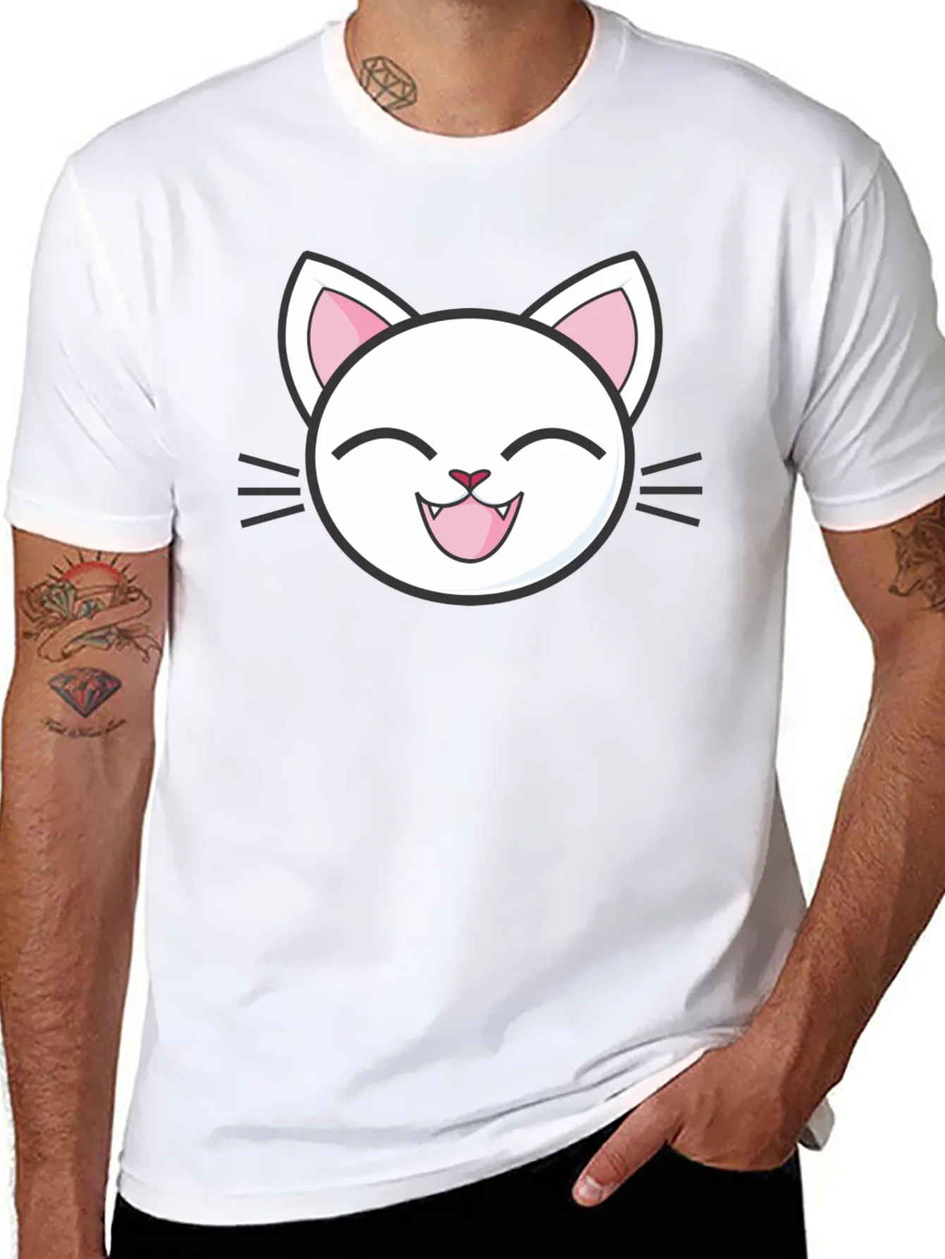 Cute Cartoon Cat Graphic T-Shirt - Black