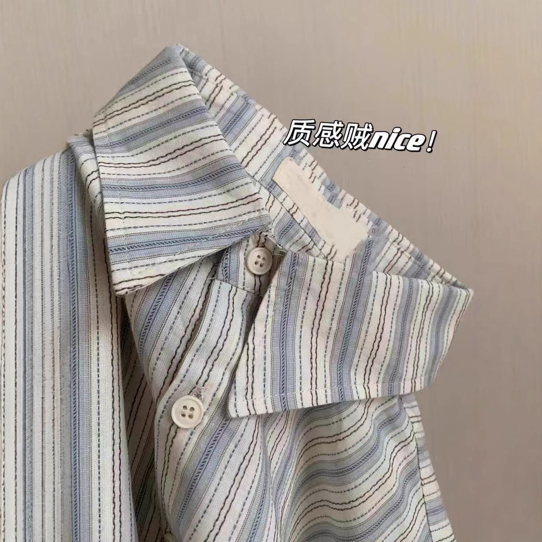 Blue Striped Shirt  Women's Long Sleeve Design Sense Unique Small Size Women's Top