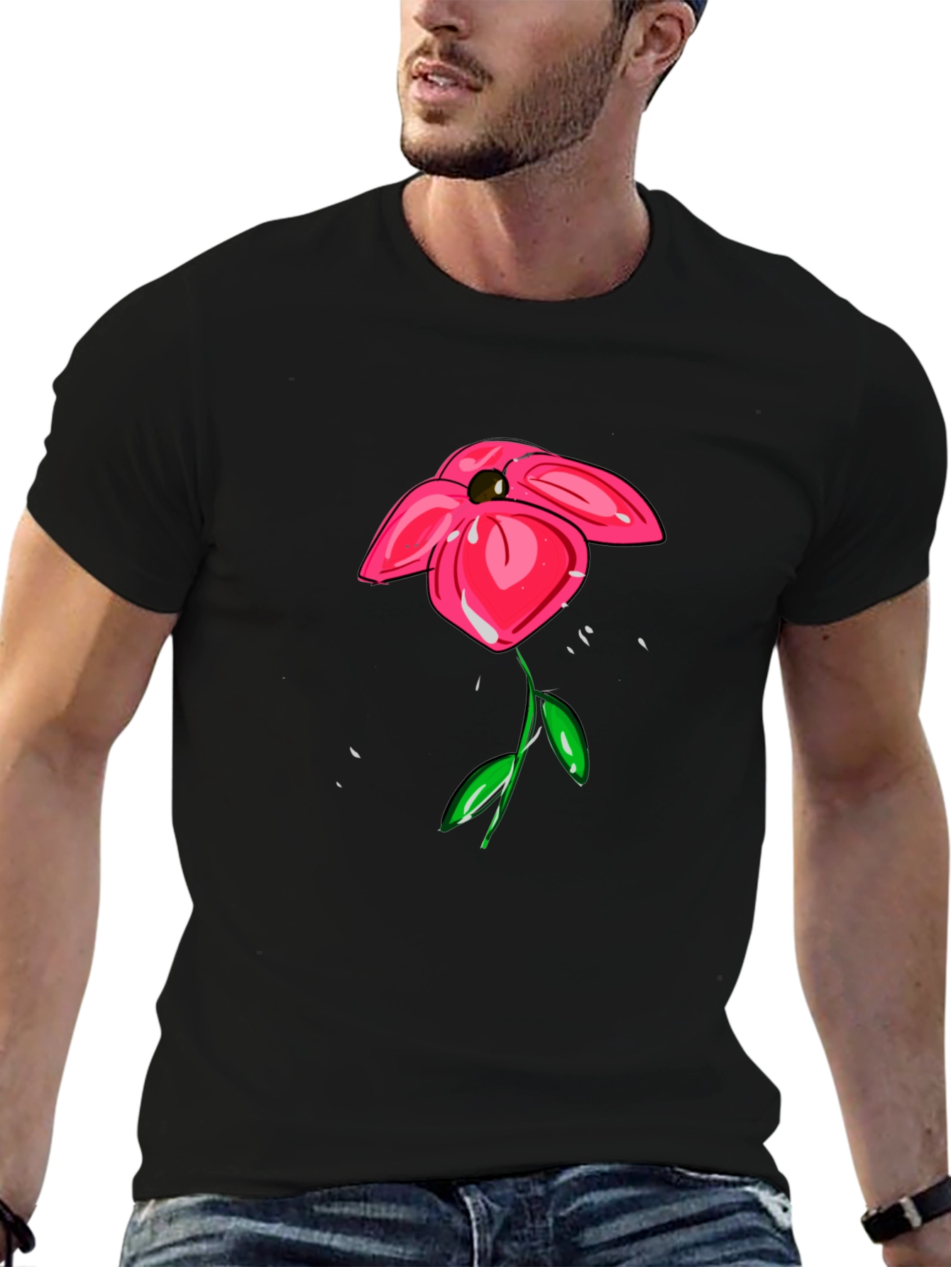 Floral Graphic Print T-Shirt - Casual Black Tee