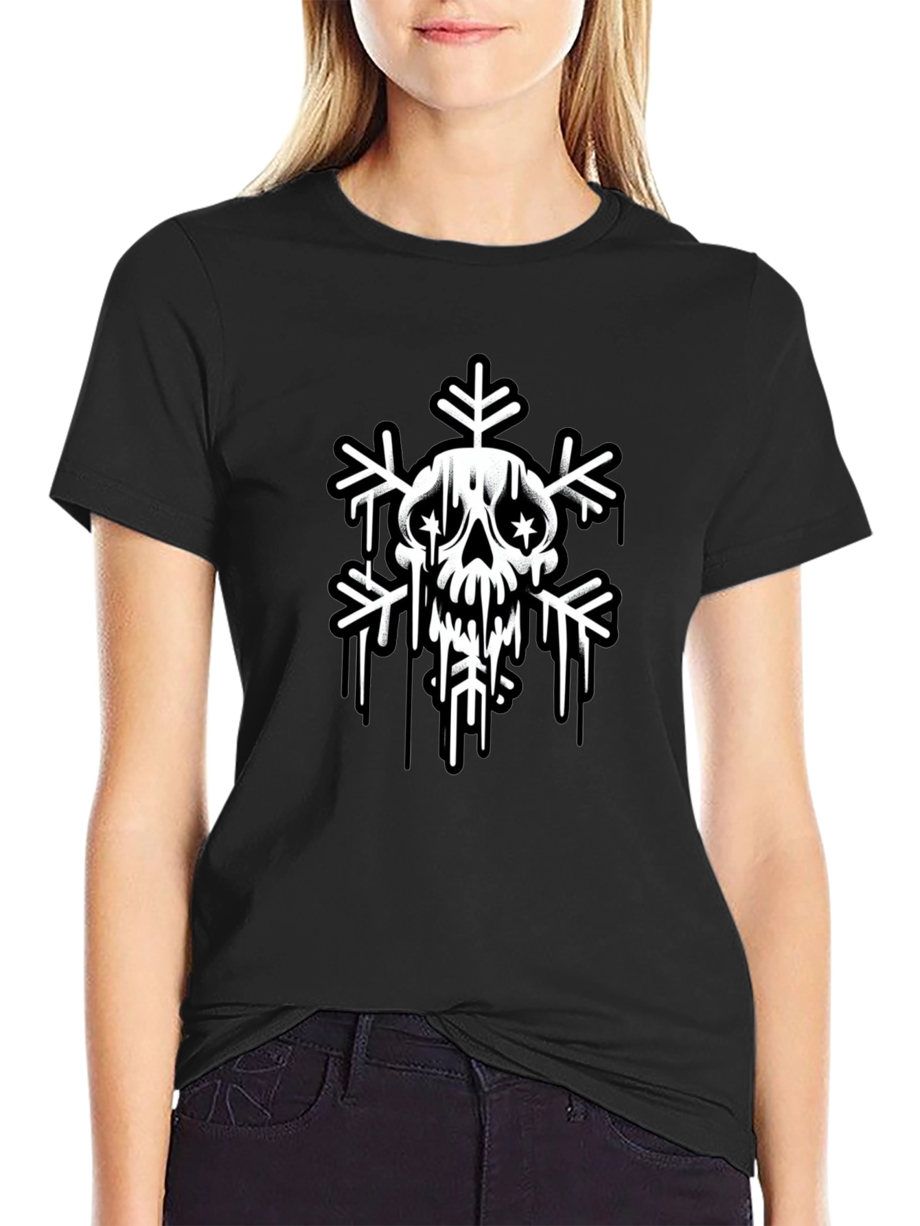 Skull Snowflake Graphic Tee - Black Cotton