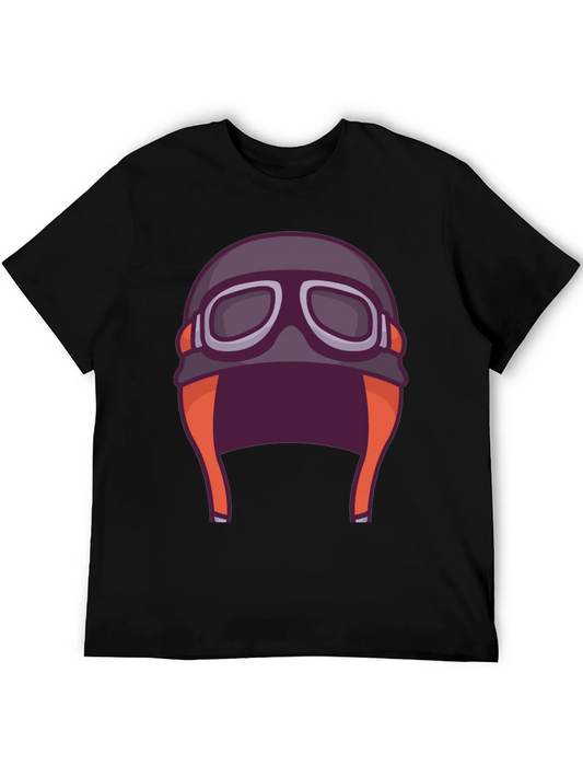 Vintage Aviator Helmet Graphic Tee - Black Cotton T-Shirt