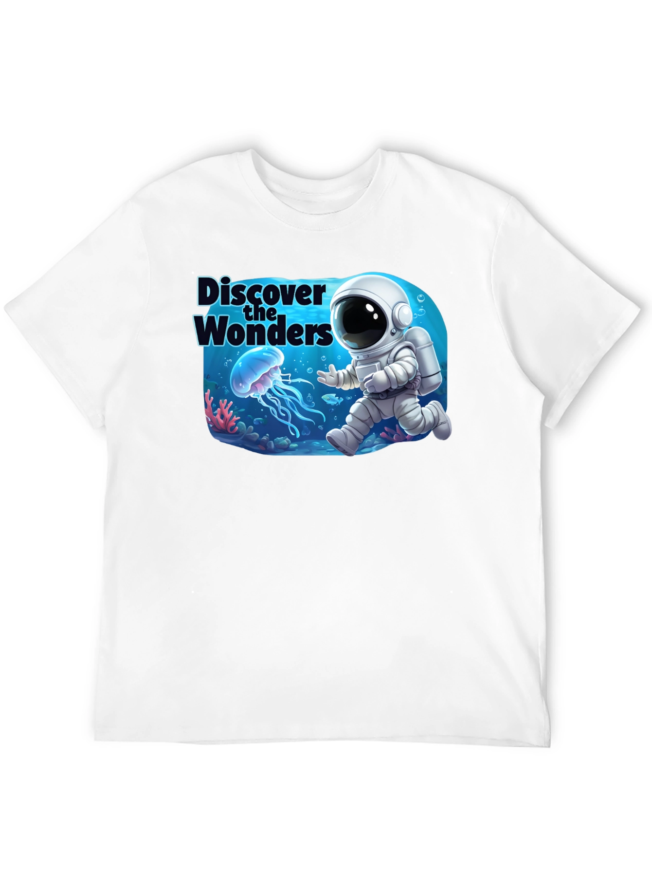 Discover the Wonders T-Shirt: Astronaut & Jellyfish Design