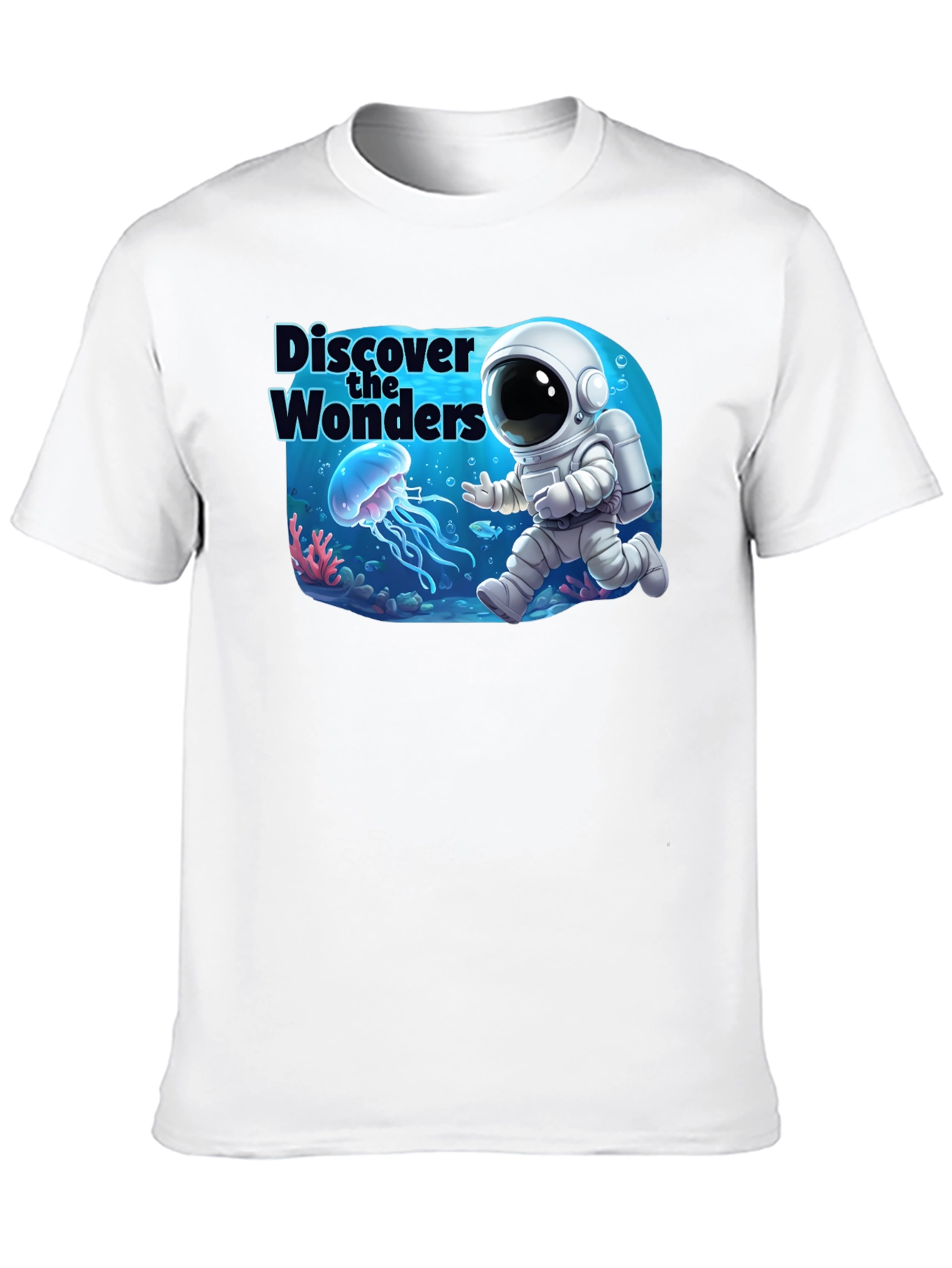 Discover the Wonders T-Shirt: Astronaut & Jellyfish Design