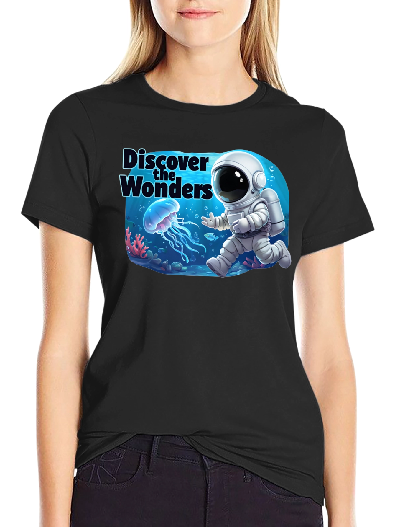 Discover the Wonders T-Shirt: Astronaut & Jellyfish Design