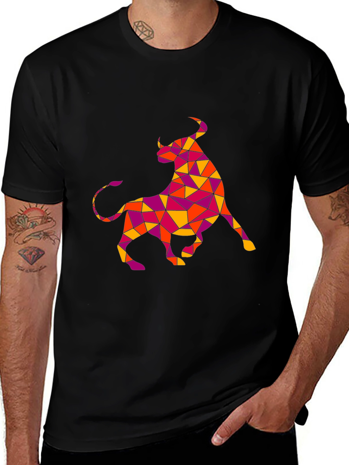 Geometric Bull Graphic Tee - Black Cotton T-Shirt