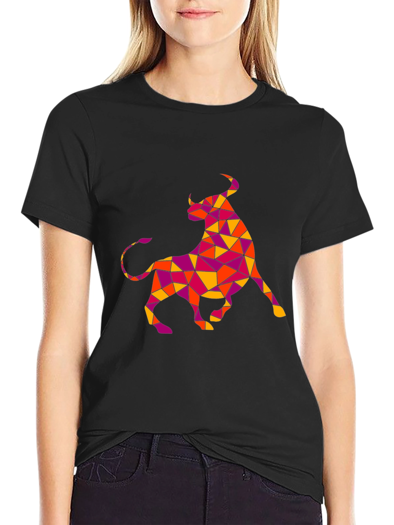Geometric Bull Graphic Tee - Black Cotton T-Shirt