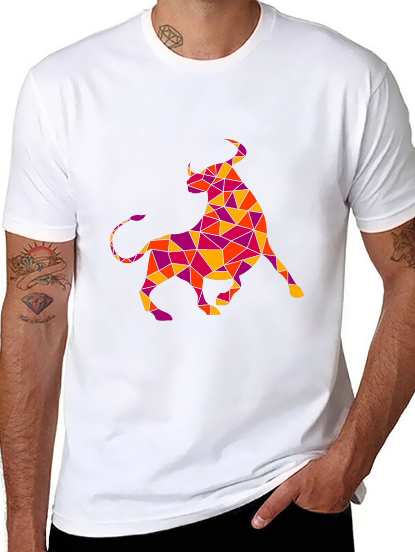 Geometric Bull Graphic Tee - Black Cotton T-Shirt