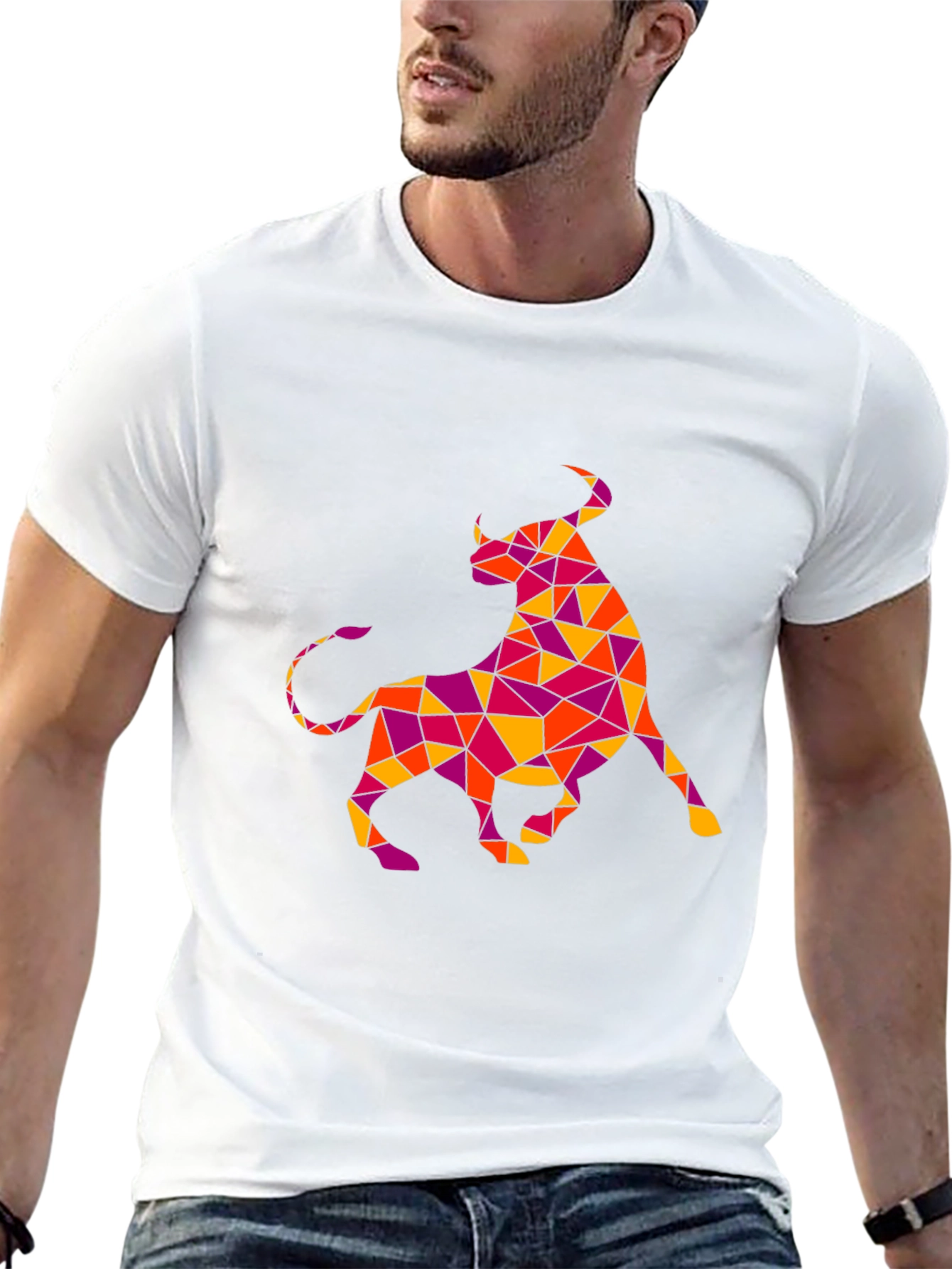 Geometric Bull Graphic Tee - Black Cotton T-Shirt