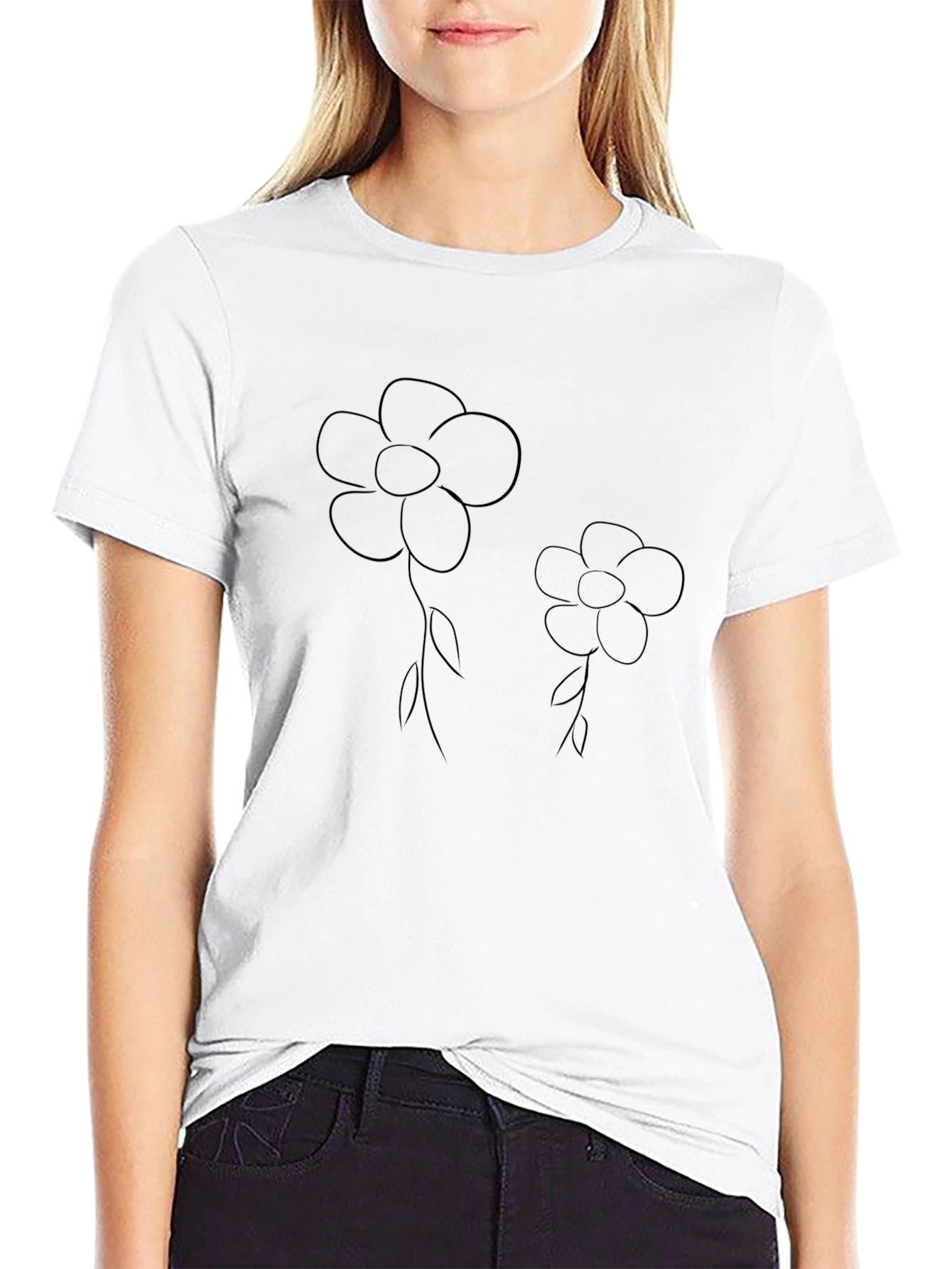 Floral Outline Graphic Tee - Casual Black T-Shirt