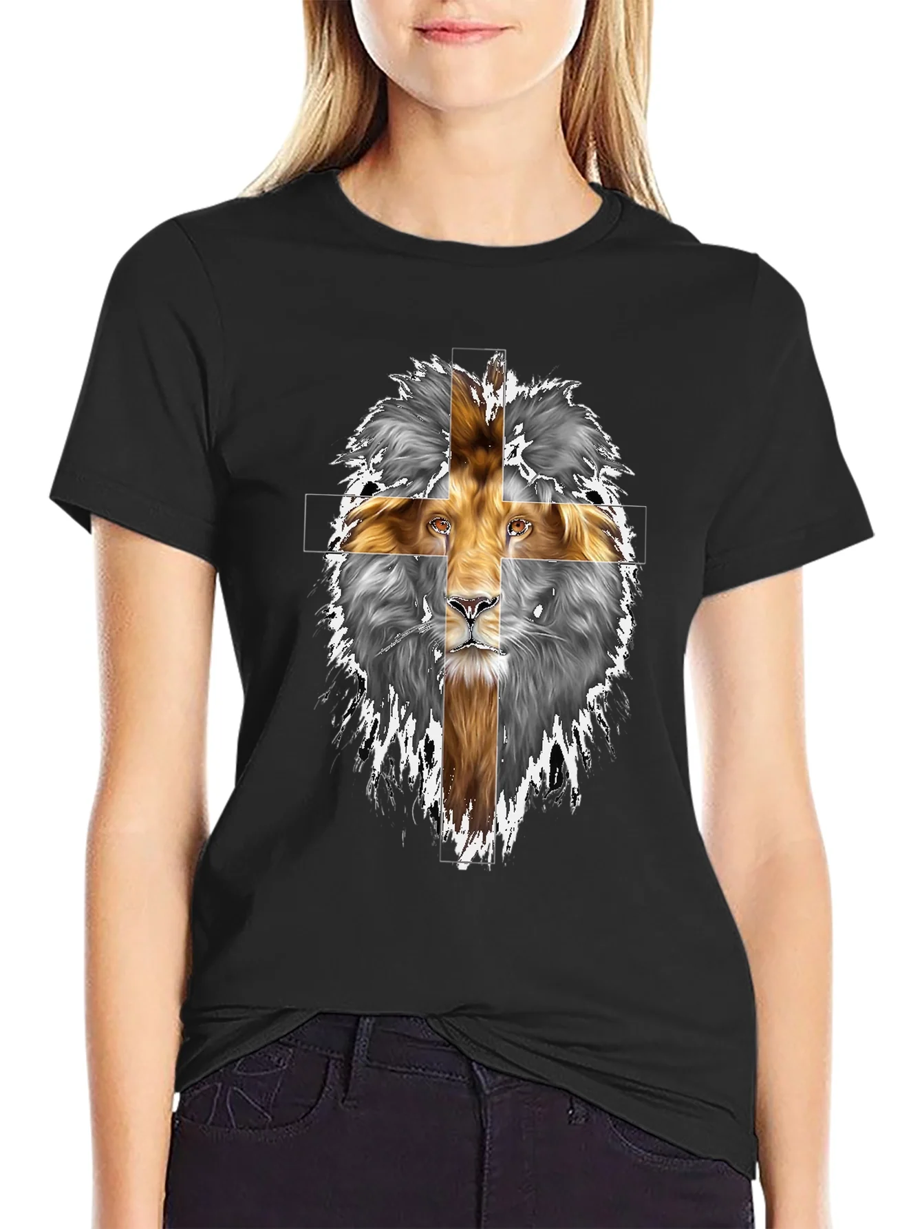Lion Cross Graphic Print Black T-Shirt