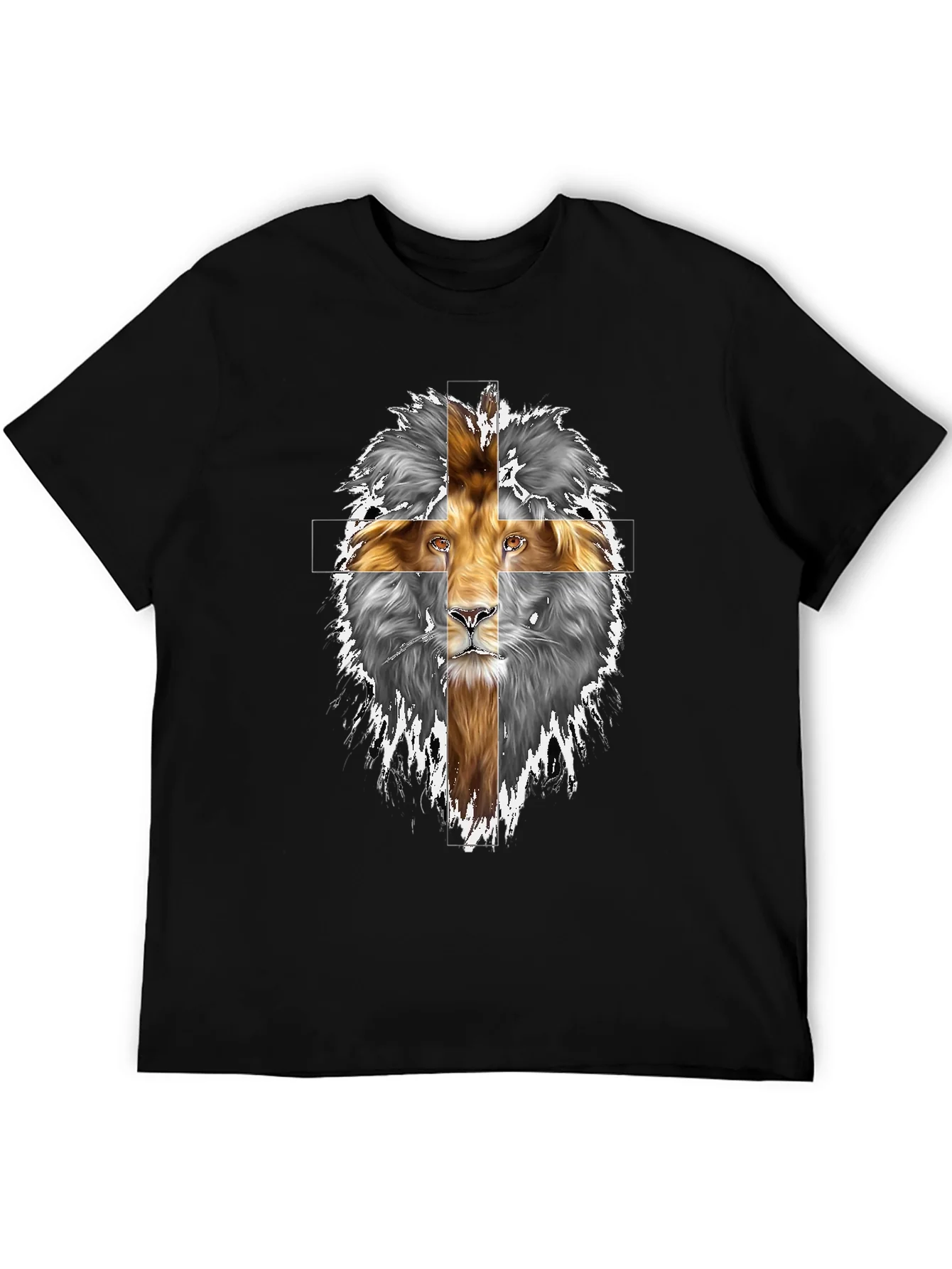 Lion Cross Graphic Print Black T-Shirt