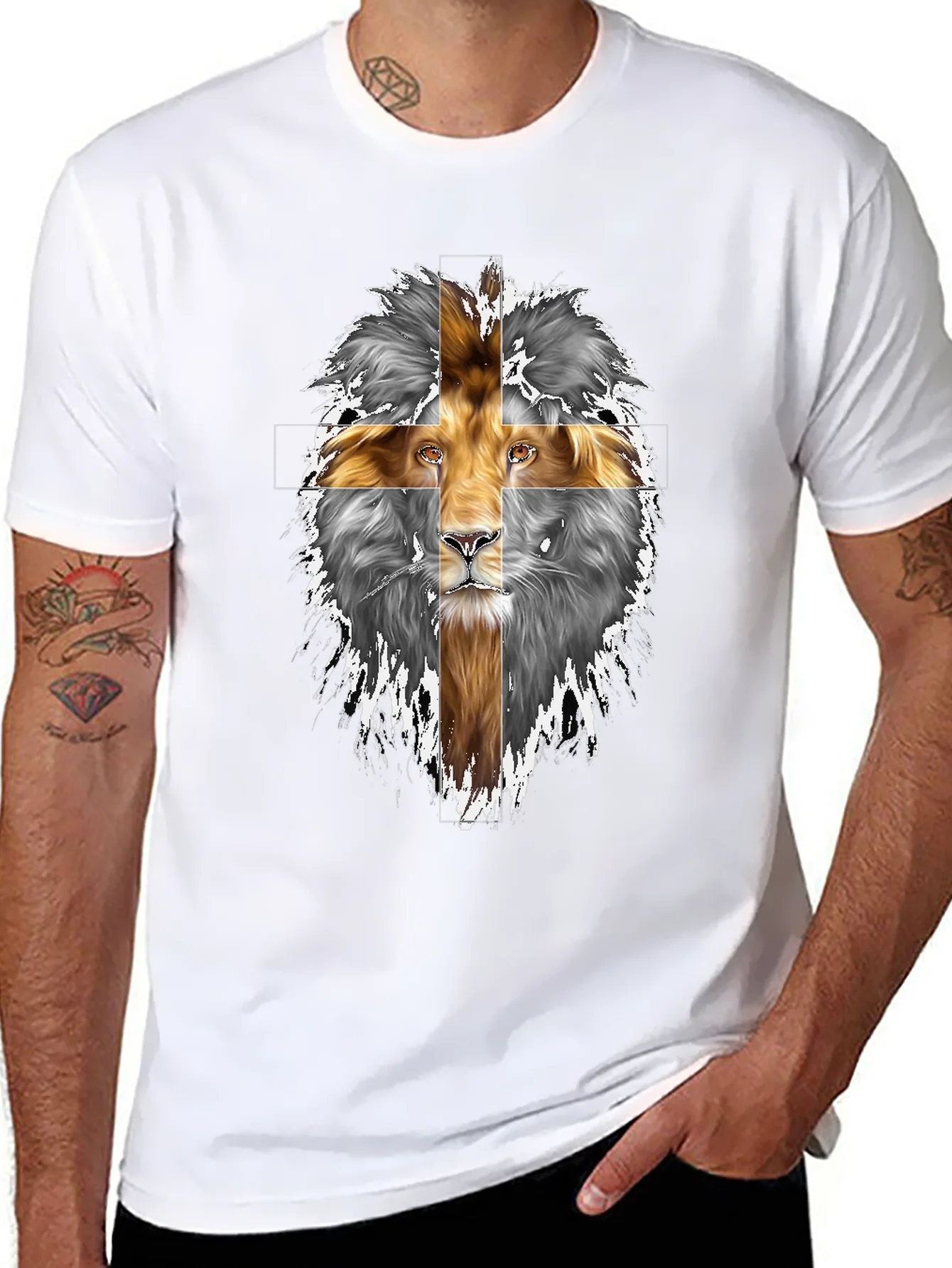 Lion Cross Graphic Print Black T-Shirt