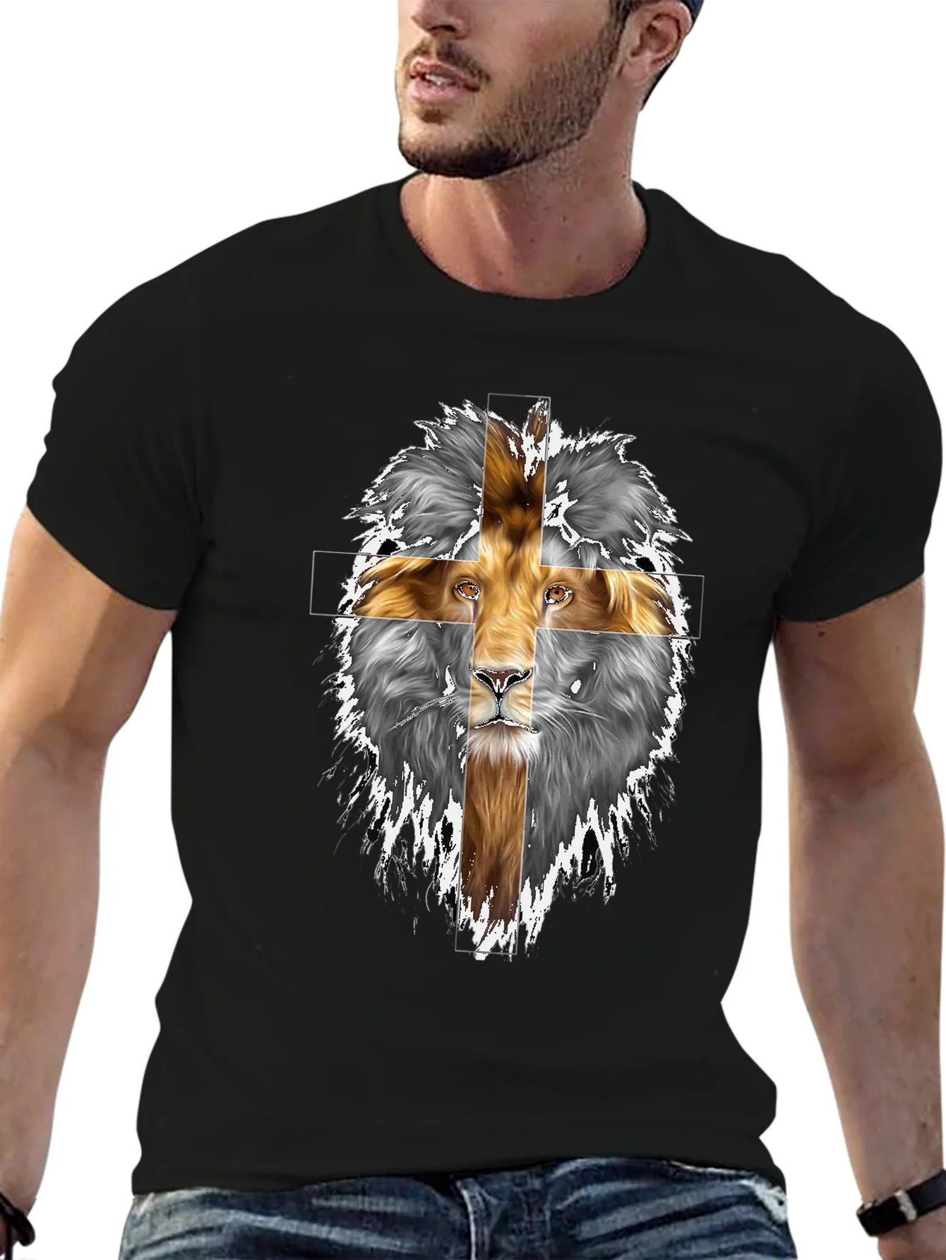 Lion Cross Graphic Print Black T-Shirt
